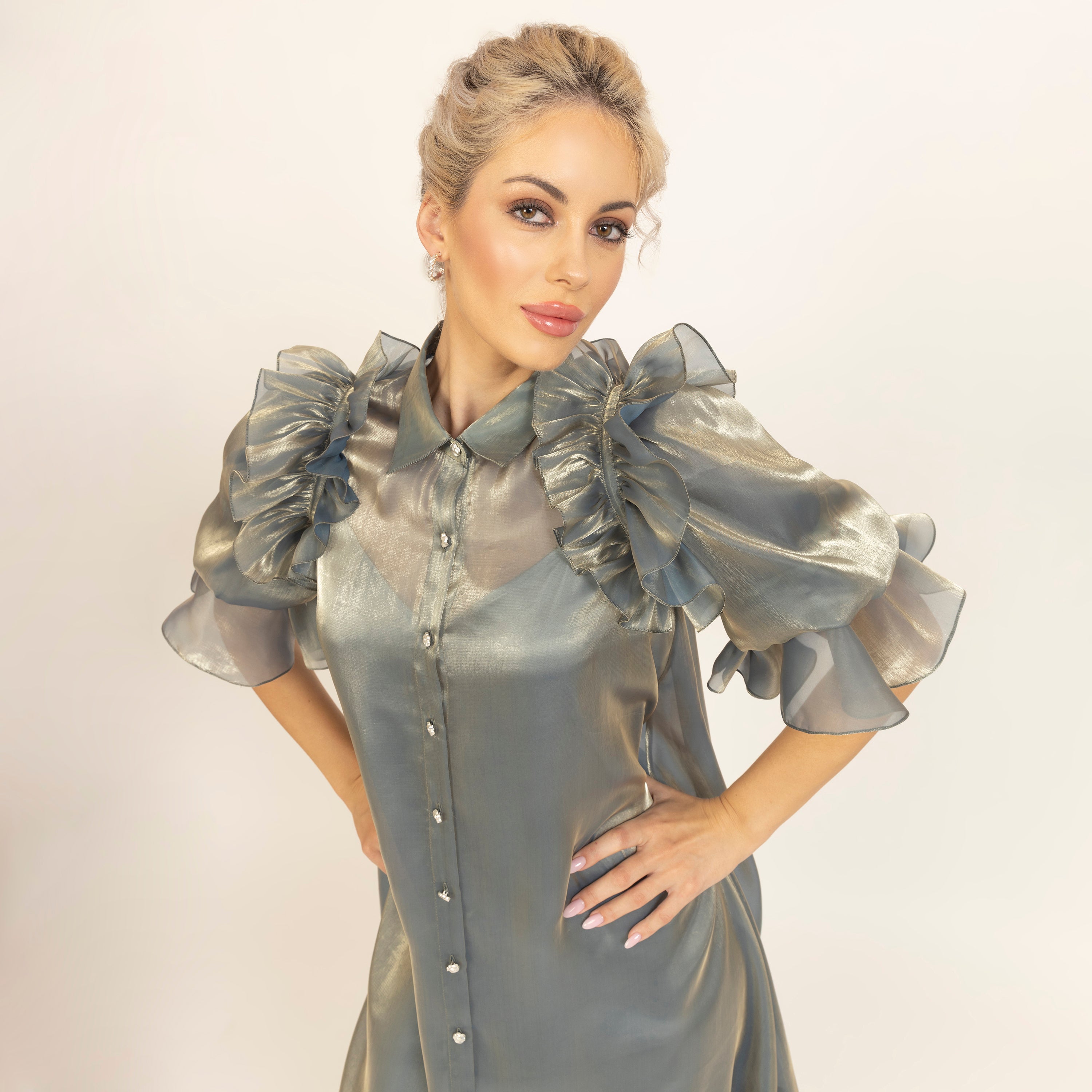 Green Satin Organza Puff Frill Jacket With Speghetti Inner, dresses for women, party wear dresses for women, dresses, one piece dress, sleeve design