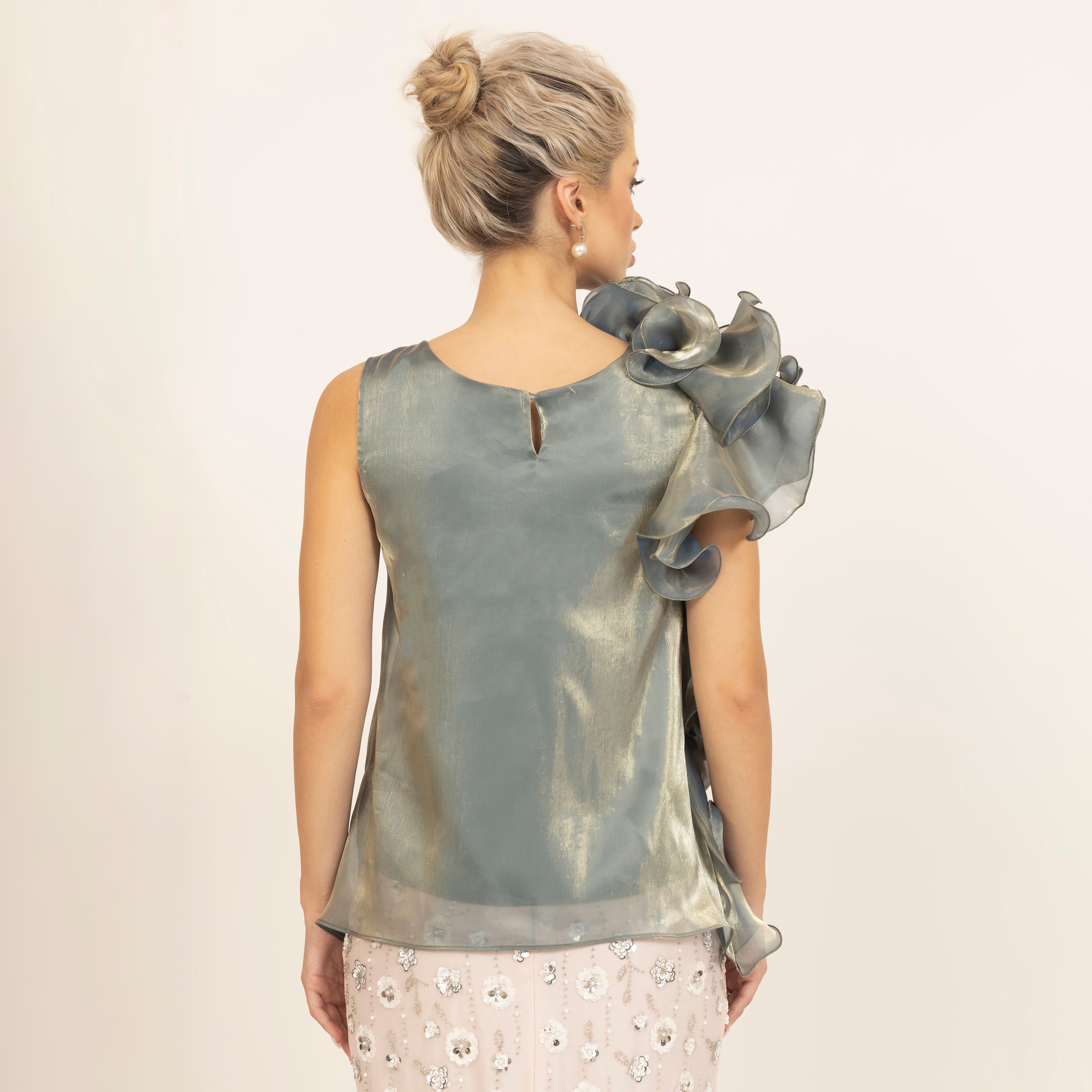 Green Satin Organza Ruffle Top, neck design, women tops, color, flower, partywear tops, crop tops, sleeve design