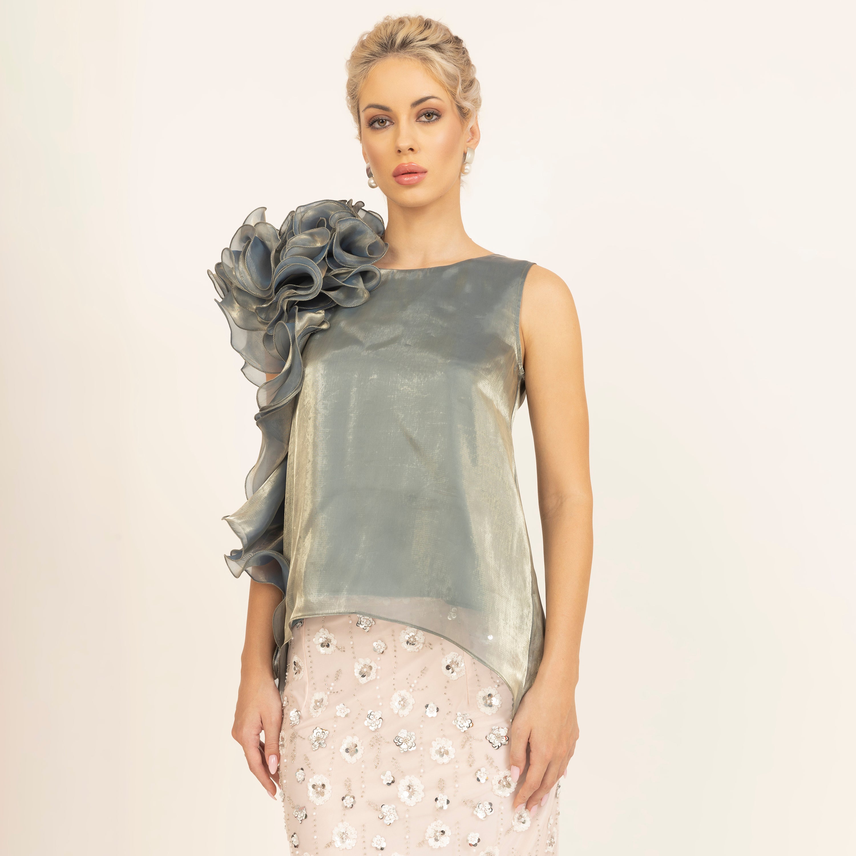 Green Satin Organza Ruffle Top, neck design, women tops, color, flower, partywear tops, crop tops, sleeve design