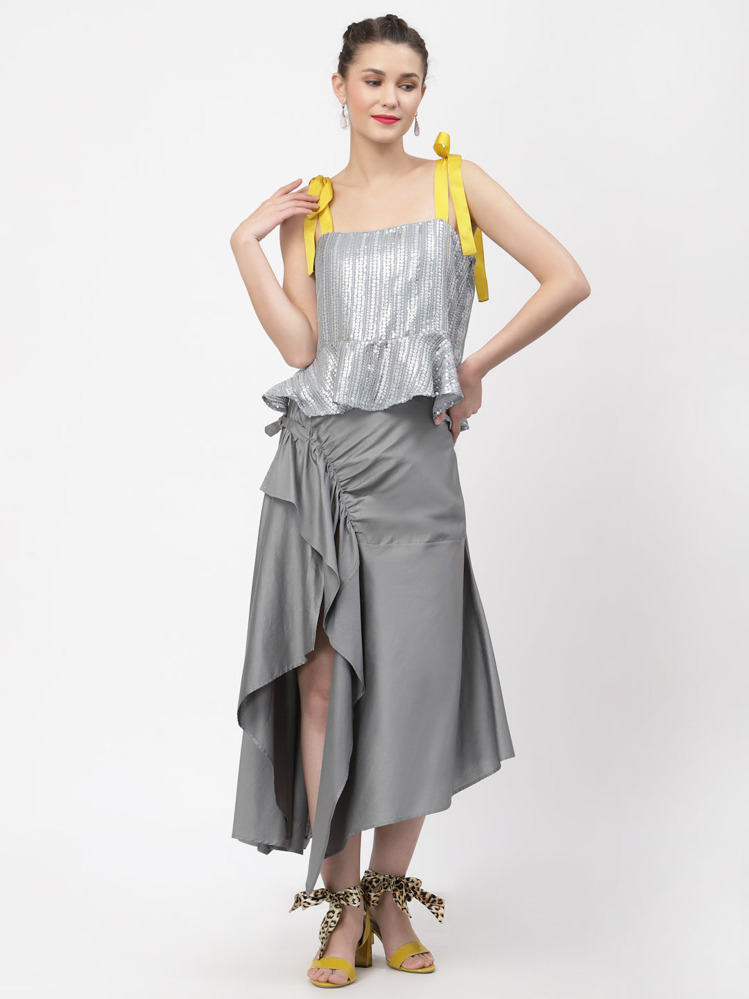 Grey Asymmetrical Skirt With Buckles, skirts for women, long skirts for women, crop top and skirt, women in short skirts