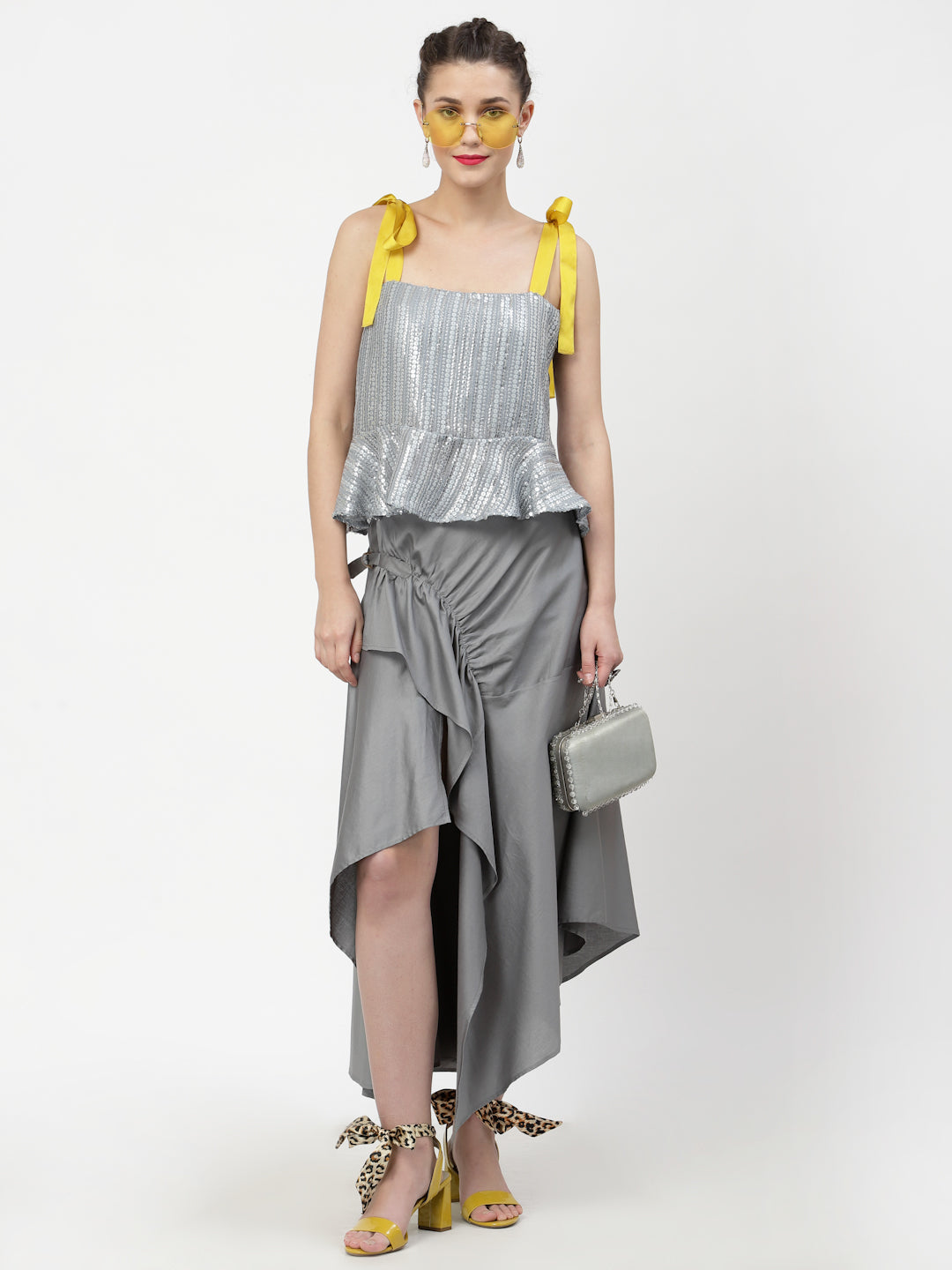 Grey Asymmetrical Skirt With Buckles, skirts for women, long skirts for women, crop top and skirt, women in short skirts