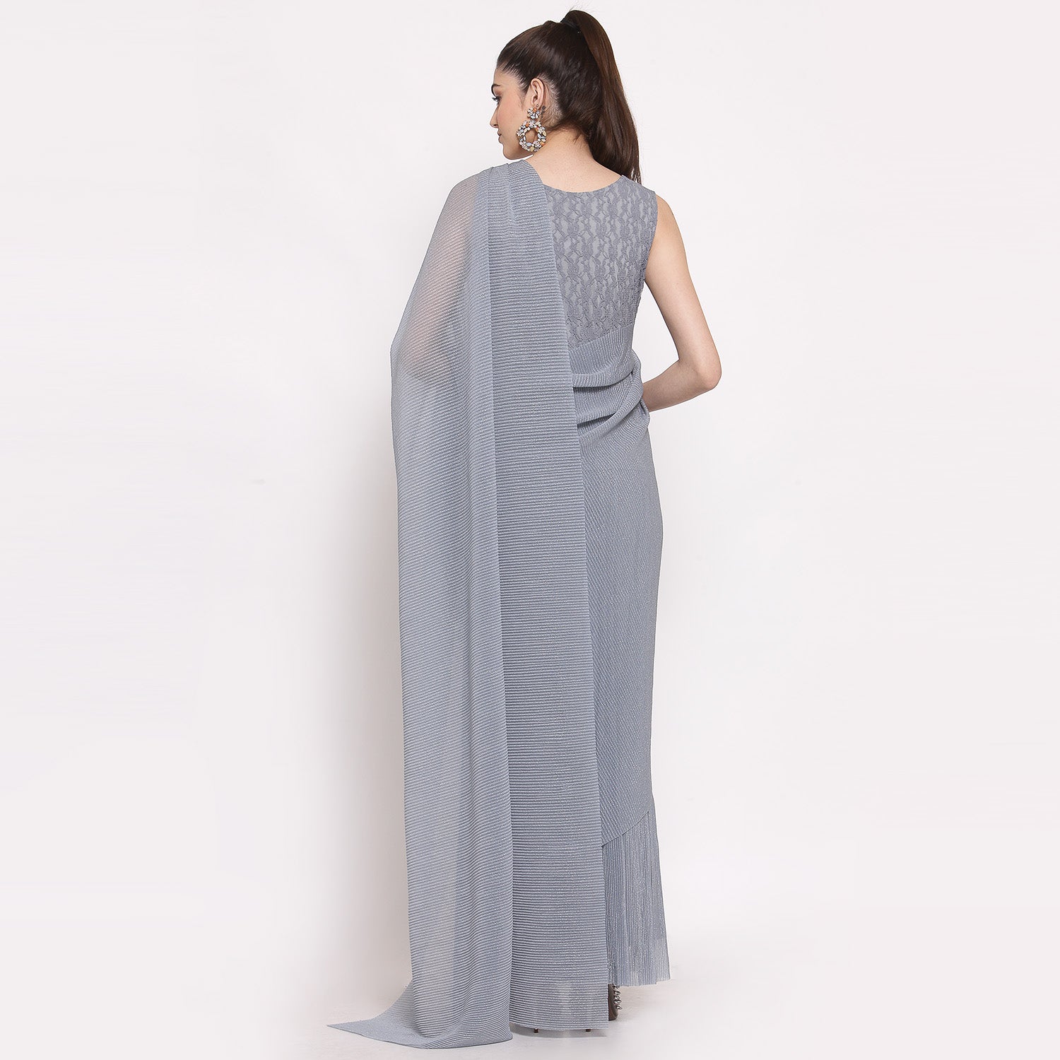 Grey Drape Saree With Net And Plisse Fabric,  saree for women, saree designs, trendy sarees, party wear saree, party wear saree for women