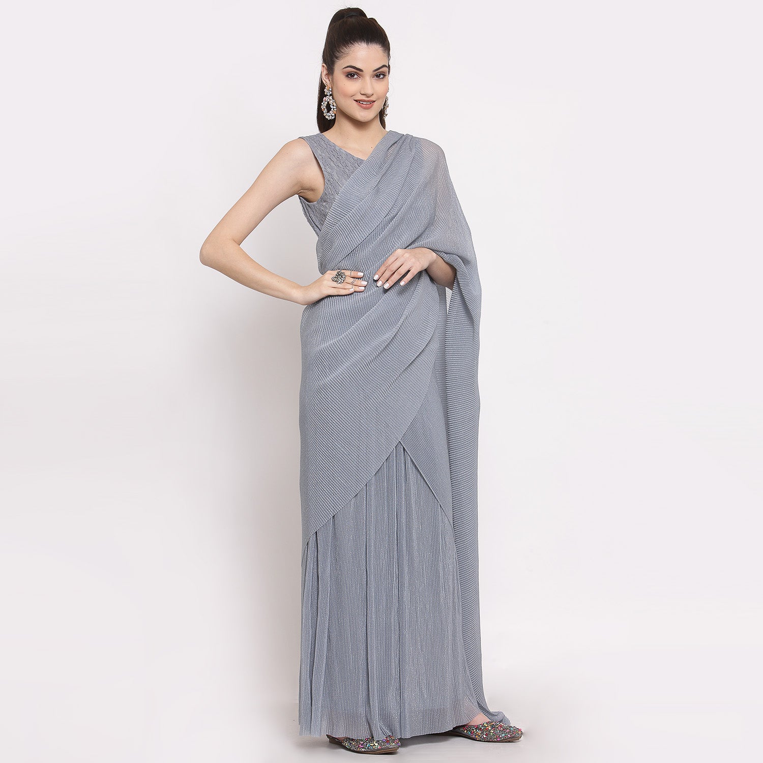 Grey Drape Saree With Net And Plisse Fabric,  saree for women, saree designs, trendy sarees, party wear saree, party wear saree for women