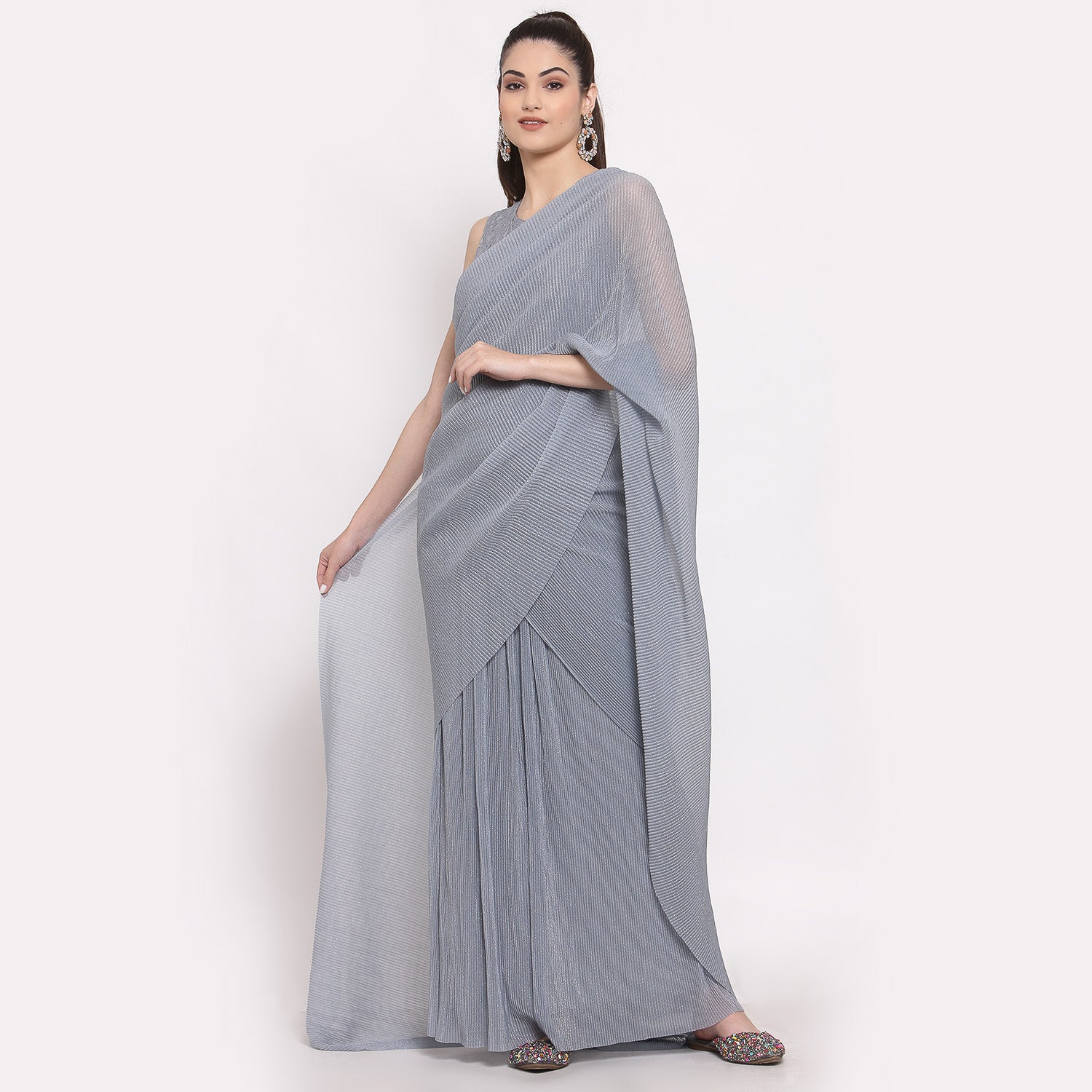 Grey Drape Saree With Net And Plisse Fabric,  saree for women, saree designs, trendy sarees, party wear saree, party wear saree for women