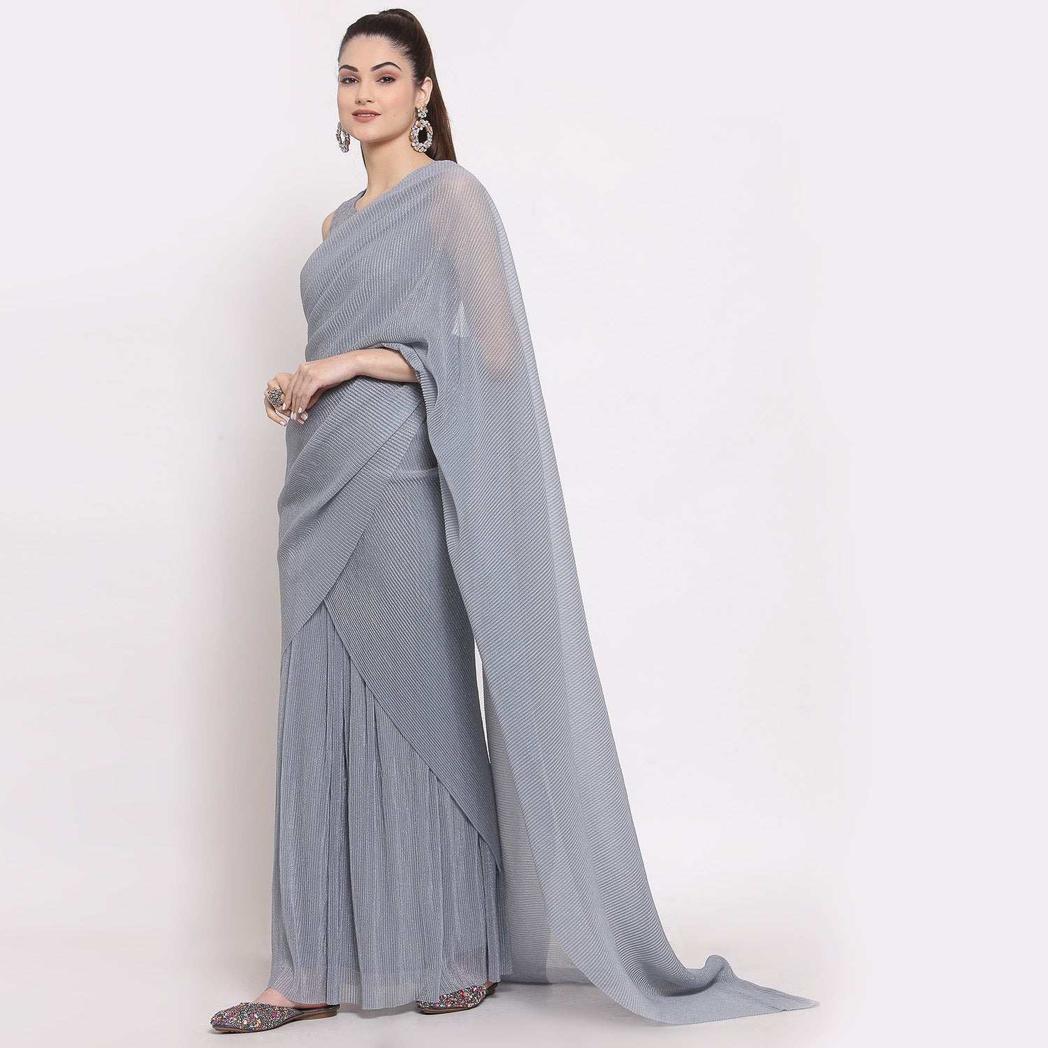 Grey Drape Saree With Net And Plisse Fabric,  saree for women, saree designs, trendy sarees, party wear saree, party wear saree for women