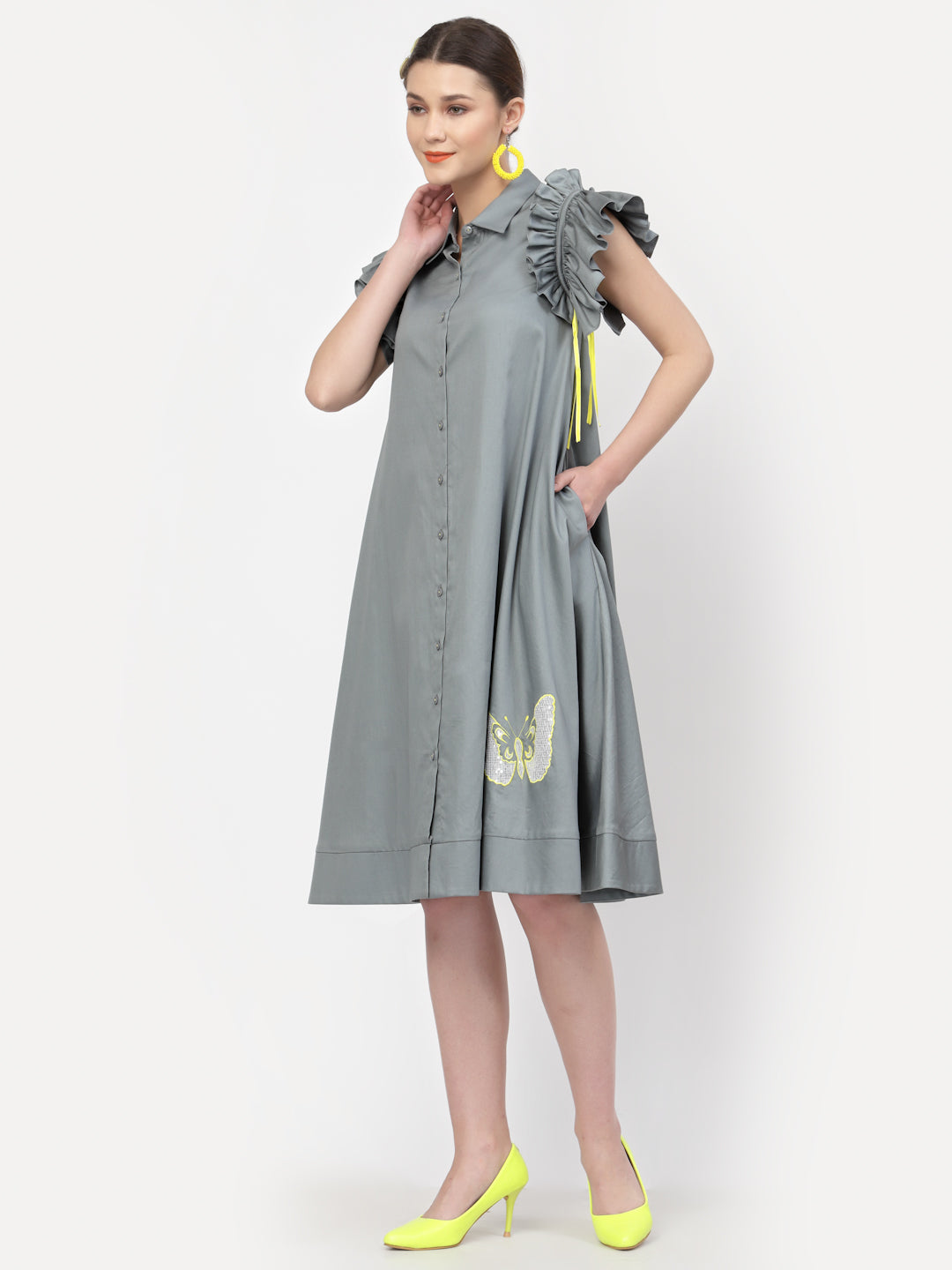 Grey Dress With Silver Butterfly Embroidery, Mesh Dress , Party dress , Holographic print dress , sequins dress