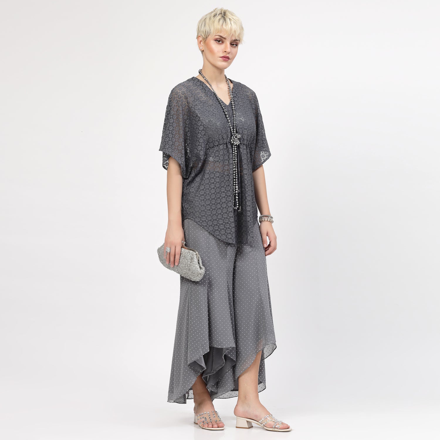 Grey Flower Net Kaftan, Kaaftan for women, designer kaaftan, party wear kaaftan, stylish kaaftan