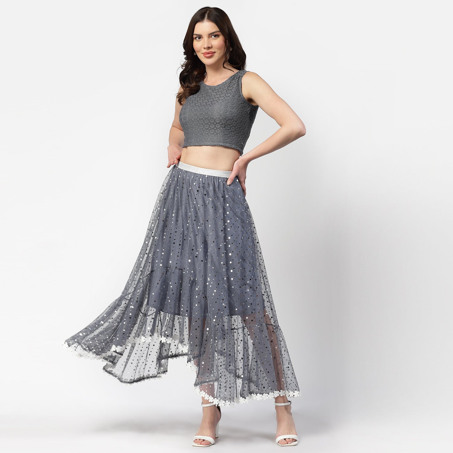 Grey Flower Without Sleeves Net Blouse, Blouses, women blouses, trendy blouses, fashionable blouses, blouses designs