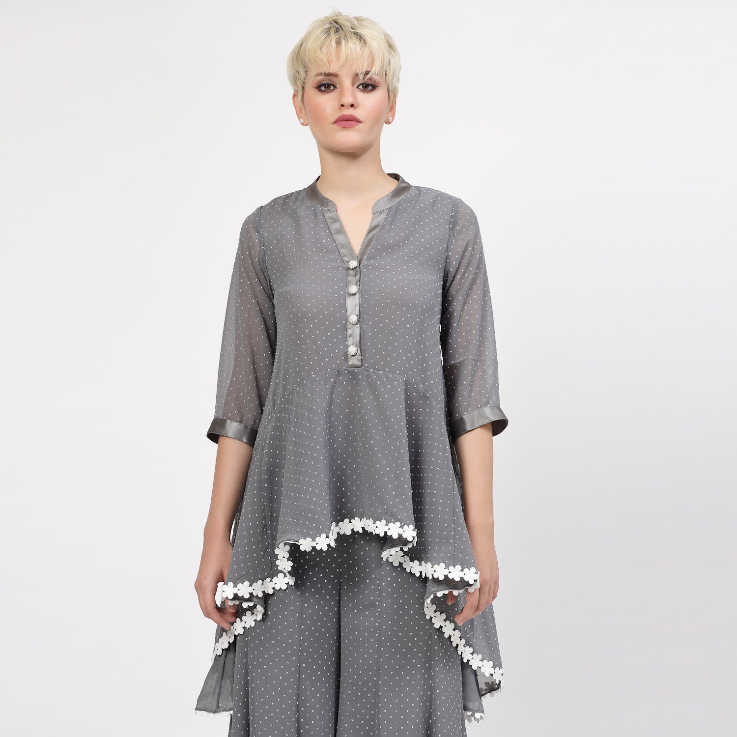 Grey Georgette Assymetrical Top with Silver Dots