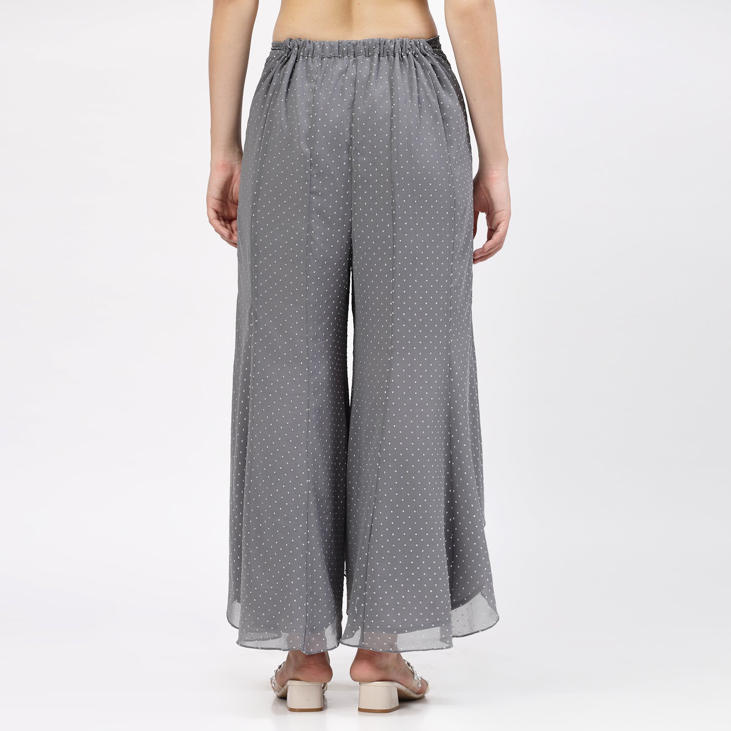 Grey Georgette Asymmetrical Plazzo with Silver Dots, Velvet Bell Bottom Pants , Stylish Women pants , Floral print palazzos