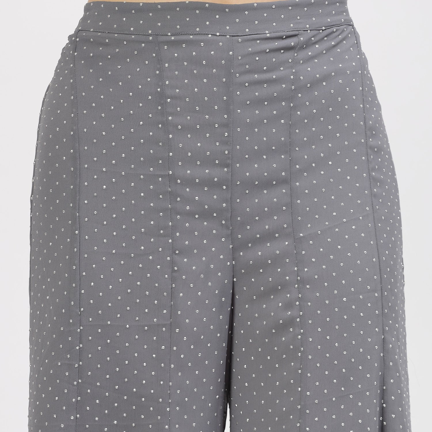 Grey Georgette Asymmetrical Plazzo with Silver Dots, Velvet Bell Bottom Pants , Stylish Women pants , Floral print palazzos