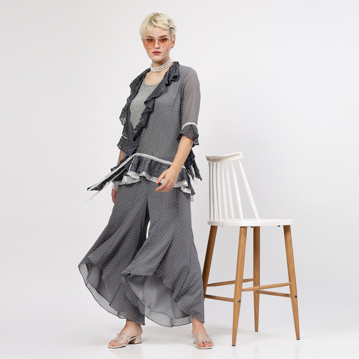 Grey Georgette Asymmetrical Plazzo with Silver Dots, Velvet Bell Bottom Pants , Stylish Women pants , Floral print palazzos