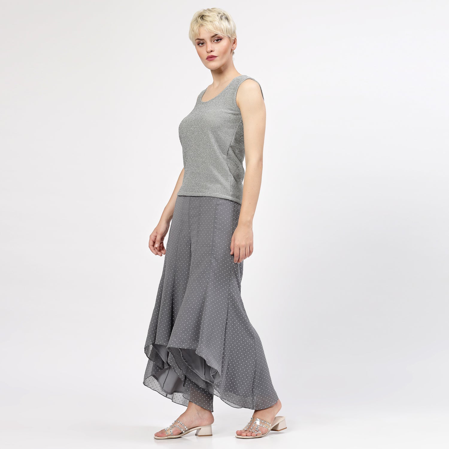 Grey Georgette Asymmetrical Plazzo with Silver Dots, Velvet Bell Bottom Pants , Stylish Women pants , Floral print palazzos