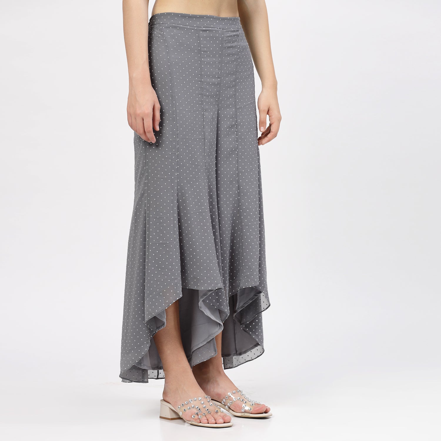 Grey Georgette Asymmetrical Plazzo with Silver Dots, Velvet Bell Bottom Pants , Stylish Women pants , Floral print palazzos