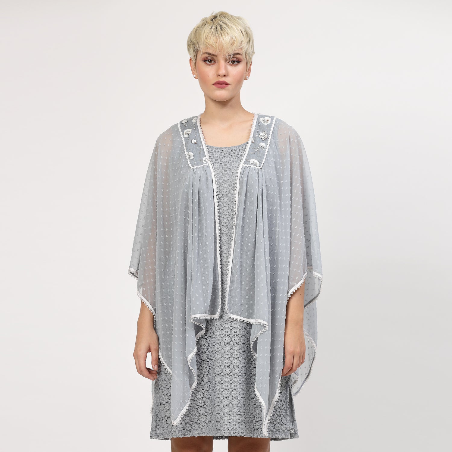 Grey Georgette Cape with Yoke Embroidery, Organza jackets, Stylish Jackets, Summer Women’s Jackets, Long Women Jackets , Short jackets for women