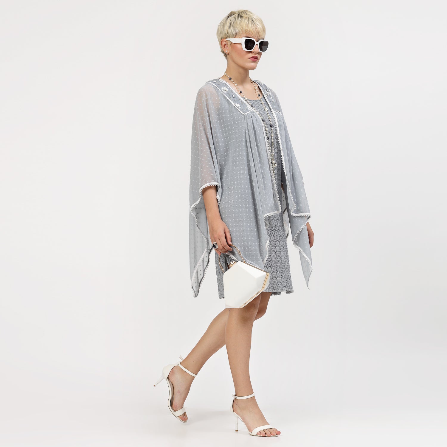 Grey Georgette Cape with Yoke Embroidery, Organza jackets, Stylish Jackets, Summer Women’s Jackets, Long Women Jackets , Short jackets for women