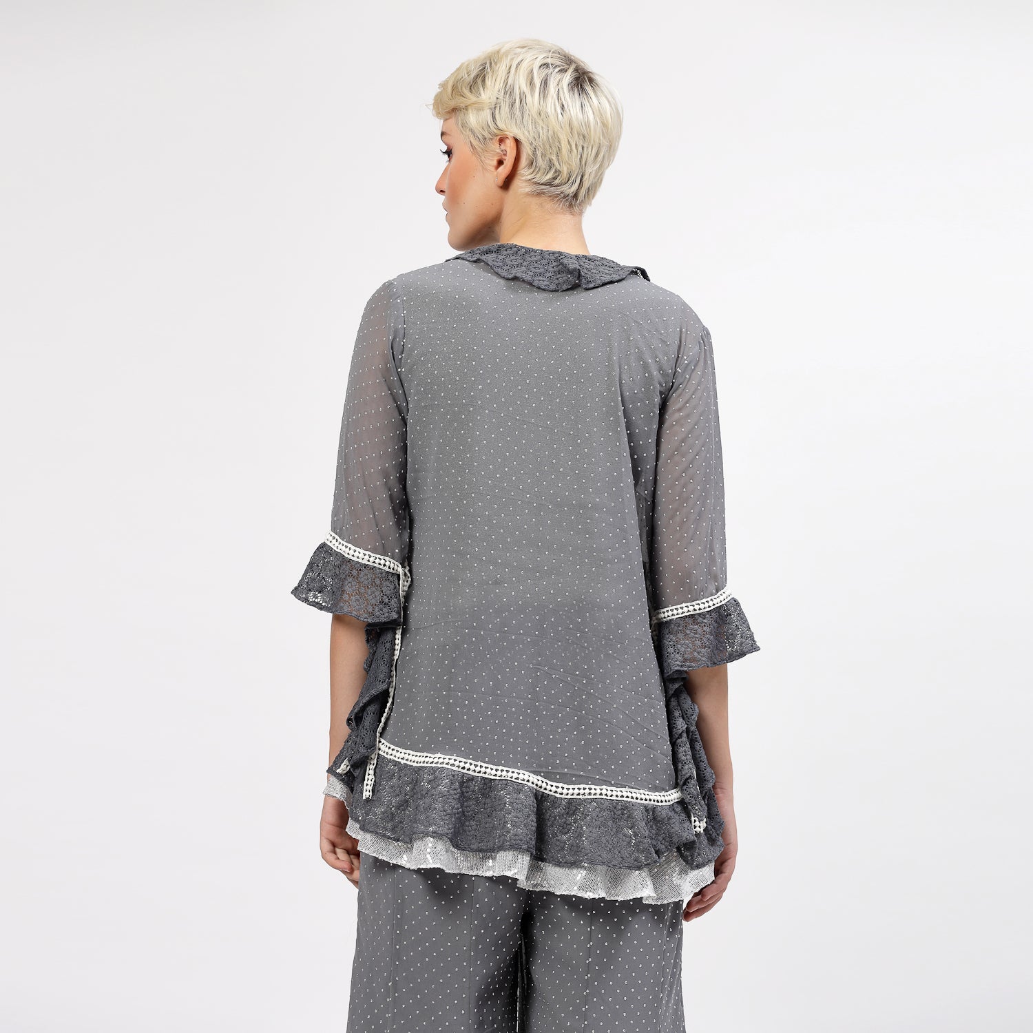 Grey Georgette Frill Shrug With Silver Dots And Inner, shrugs, shrugs for women, net shrug, party wear shrugs, shrugs designs