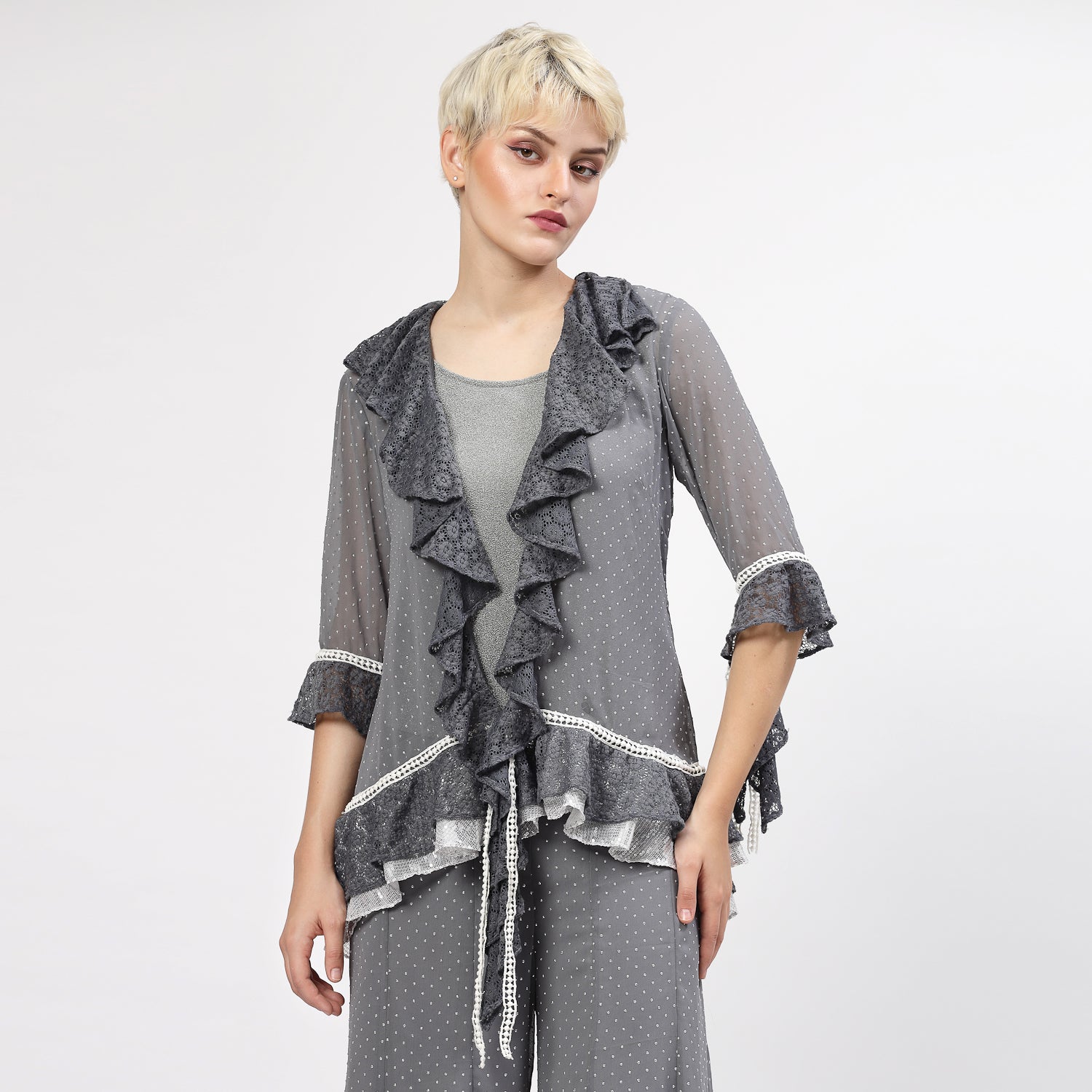 Grey Georgette Frill Shrug With Silver Dots And Inner, shrugs, shrugs for women, net shrug, party wear shrugs, shrugs designs