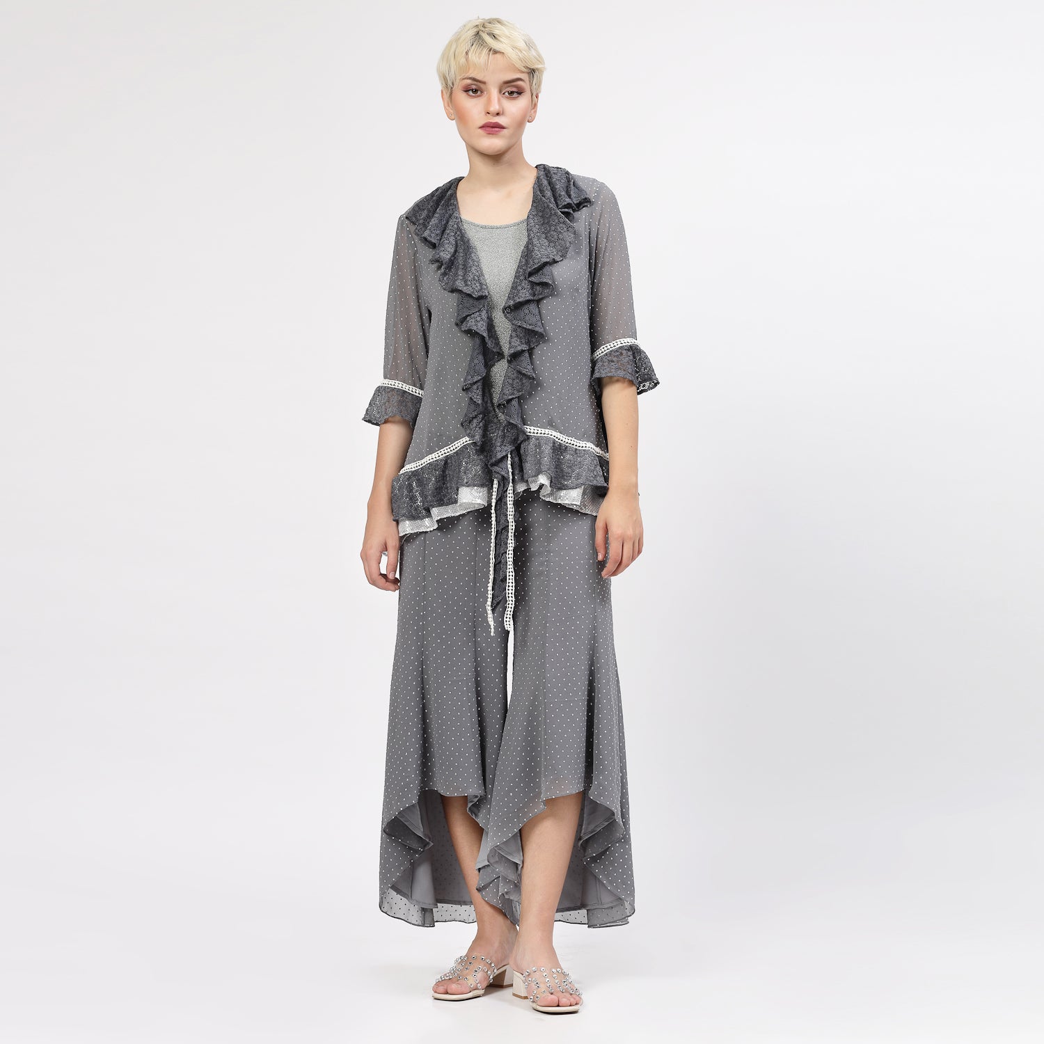 Grey Georgette Frill Shrug With Silver Dots And Inner, shrugs, shrugs for women, net shrug, party wear shrugs, shrugs designs