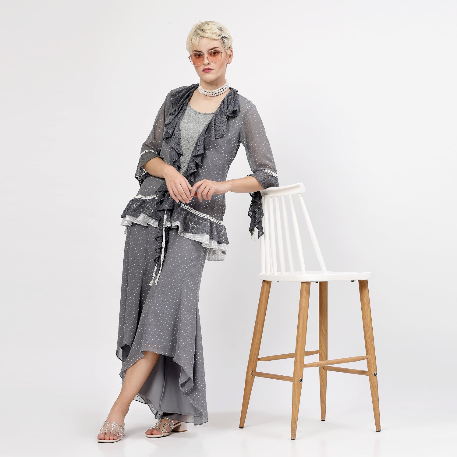 Grey Georgette Frill Shrug With Silver Dots And Inner, shrugs, shrugs for women, net shrug, party wear shrugs, shrugs designs