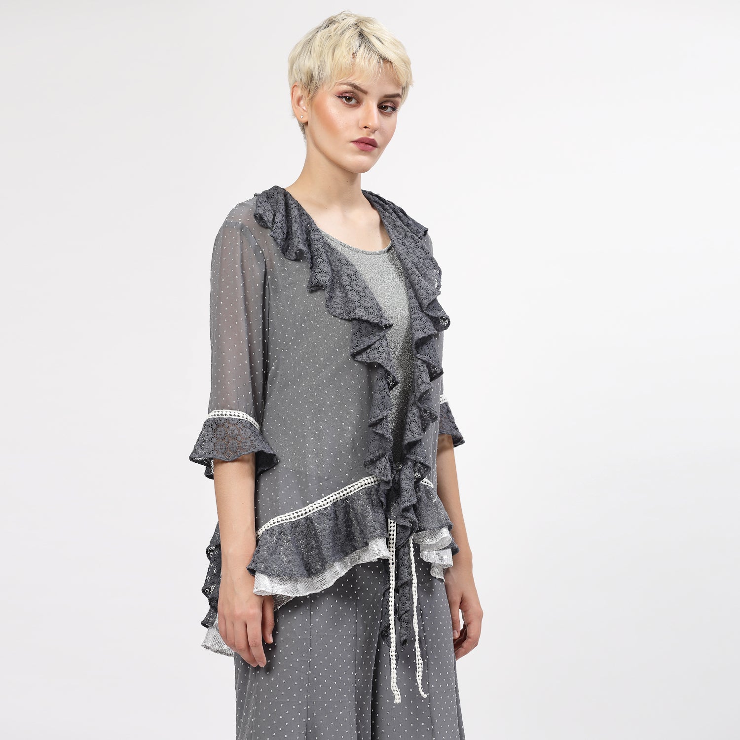 Grey Georgette Frill Shrug With Silver Dots And Inner, shrugs, shrugs for women, net shrug, party wear shrugs, shrugs designs