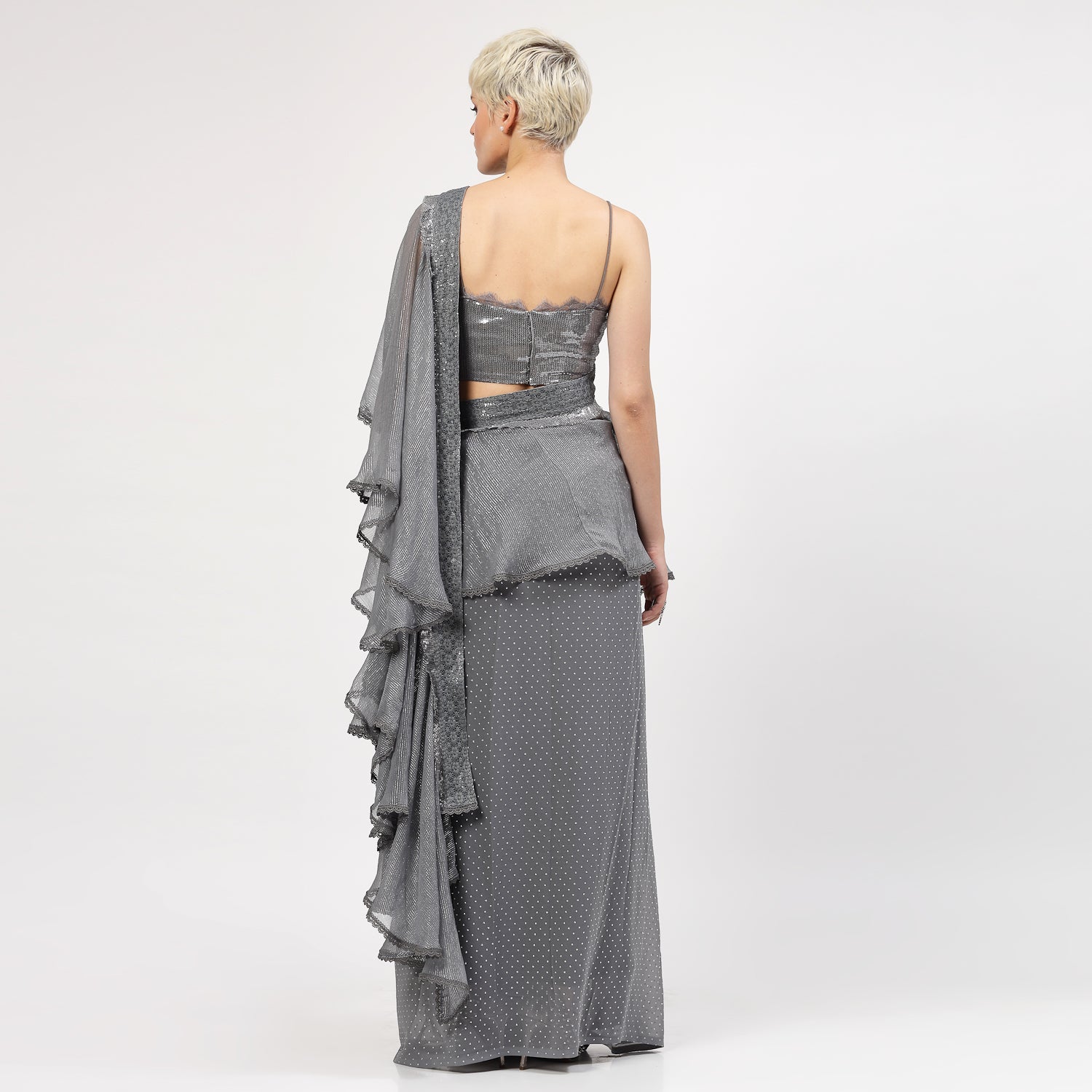 Grey Georgette Saree With Silver Dots And Lurex Frill, women sarees, frill saree, party wear sarees, saree designs