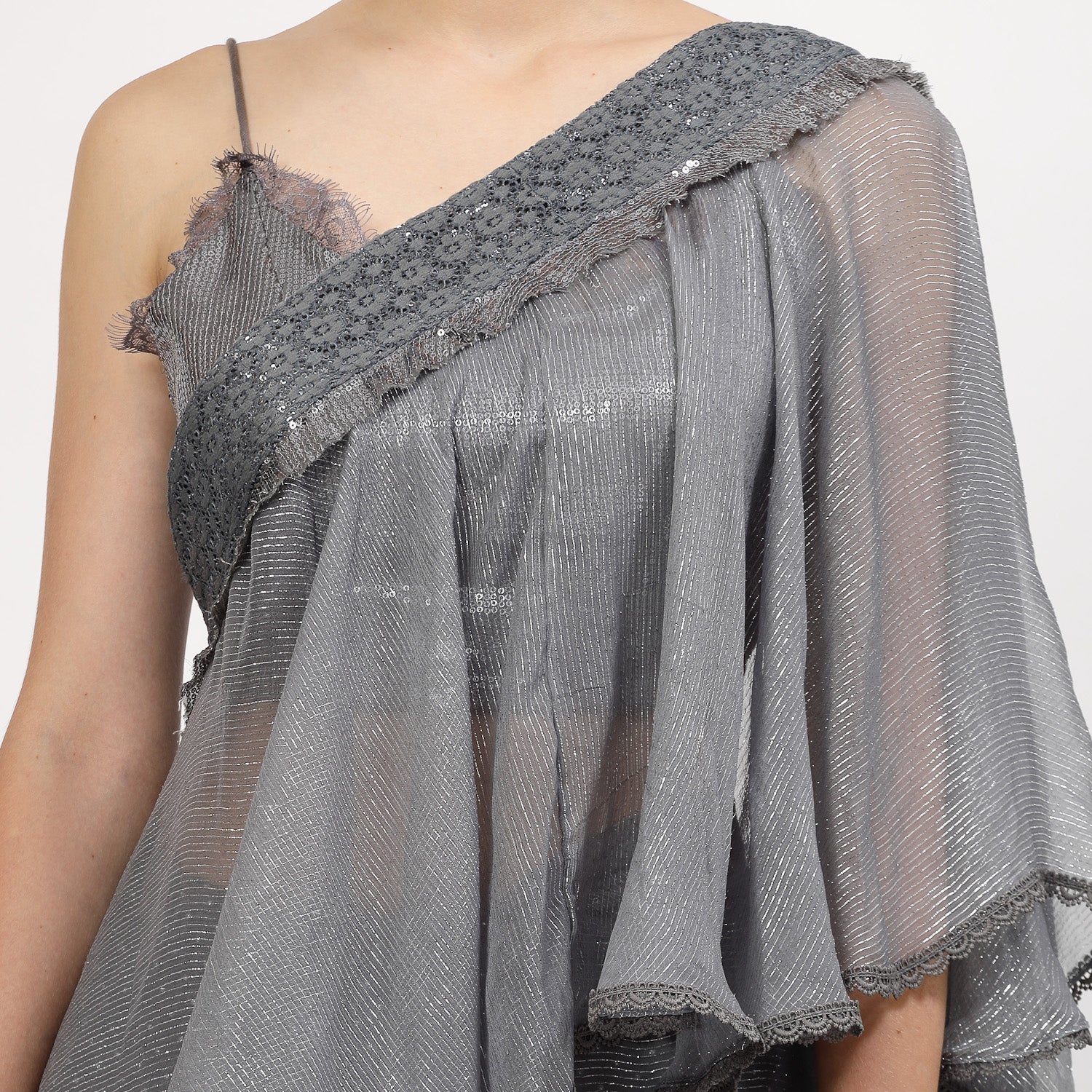 Grey Georgette Saree With Silver Dots And Lurex Frill, women sarees, frill saree, party wear sarees, saree designs