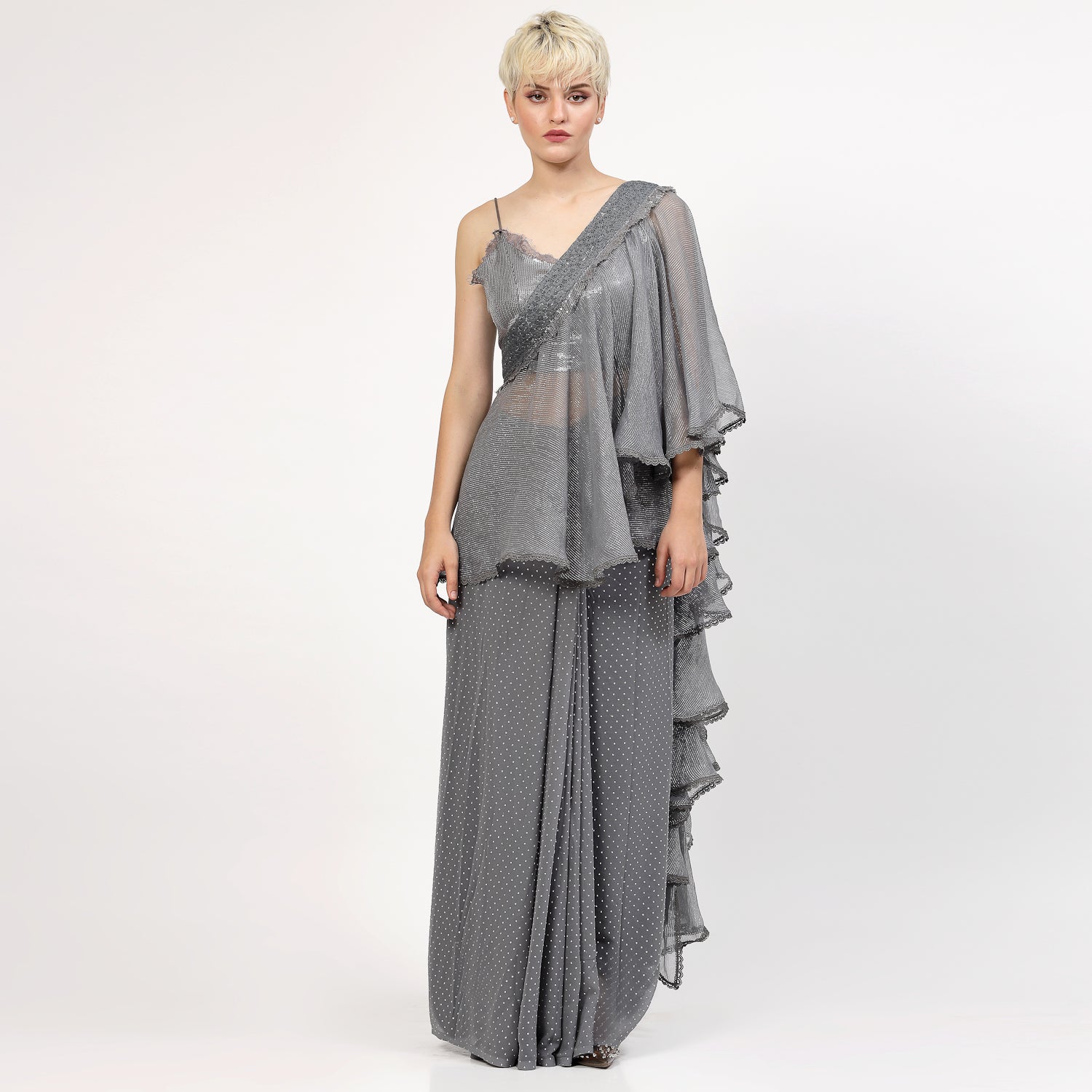 Grey Georgette Saree With Silver Dots And Lurex Frill, women sarees, frill saree, party wear sarees, saree designs