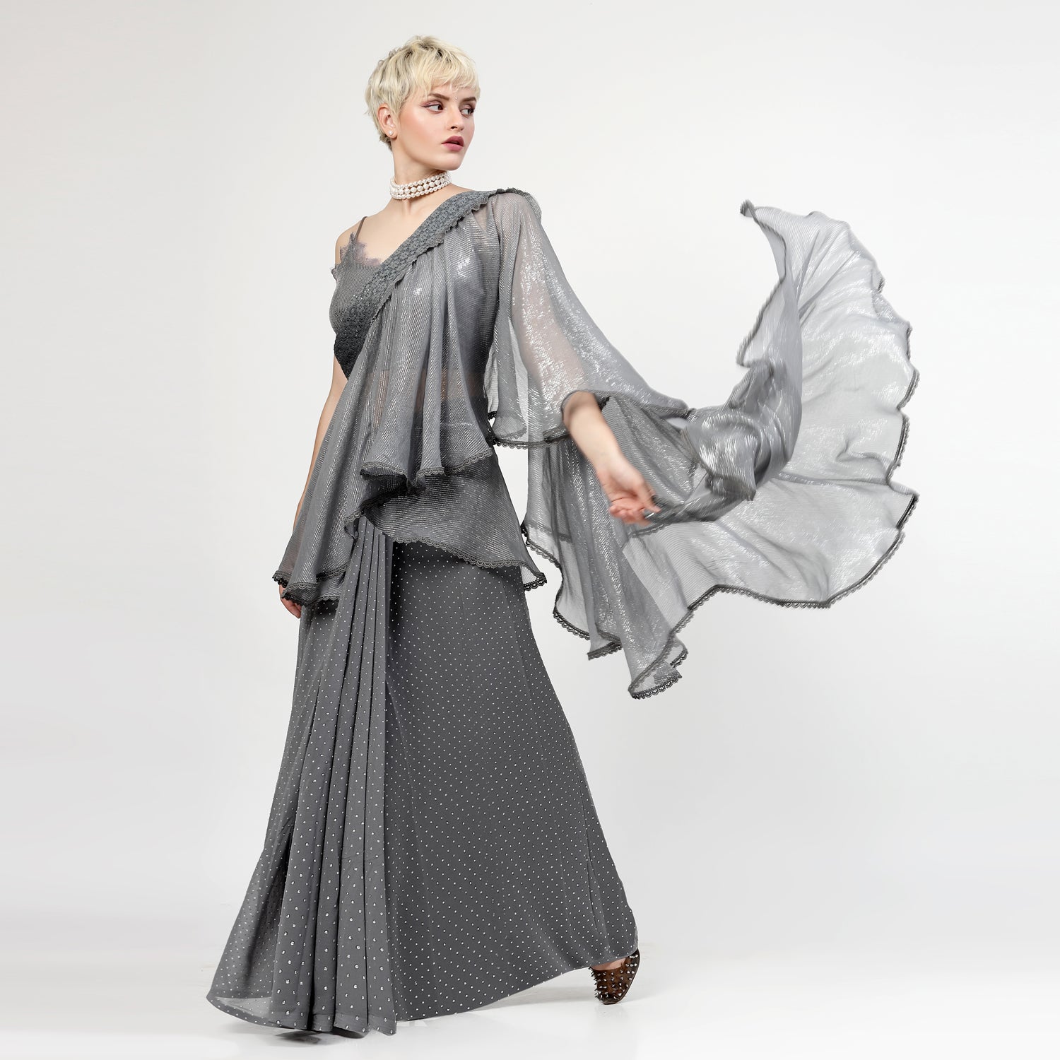 Grey Georgette Saree With Silver Dots And Lurex Frill, women sarees, frill saree, party wear sarees, saree designs