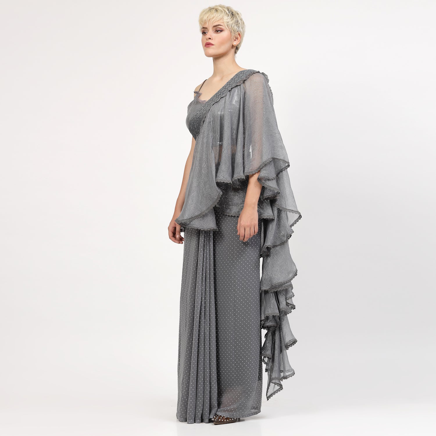 Grey Georgette Saree With Silver Dots And Lurex Frill, women sarees, frill saree, party wear sarees, saree designs
