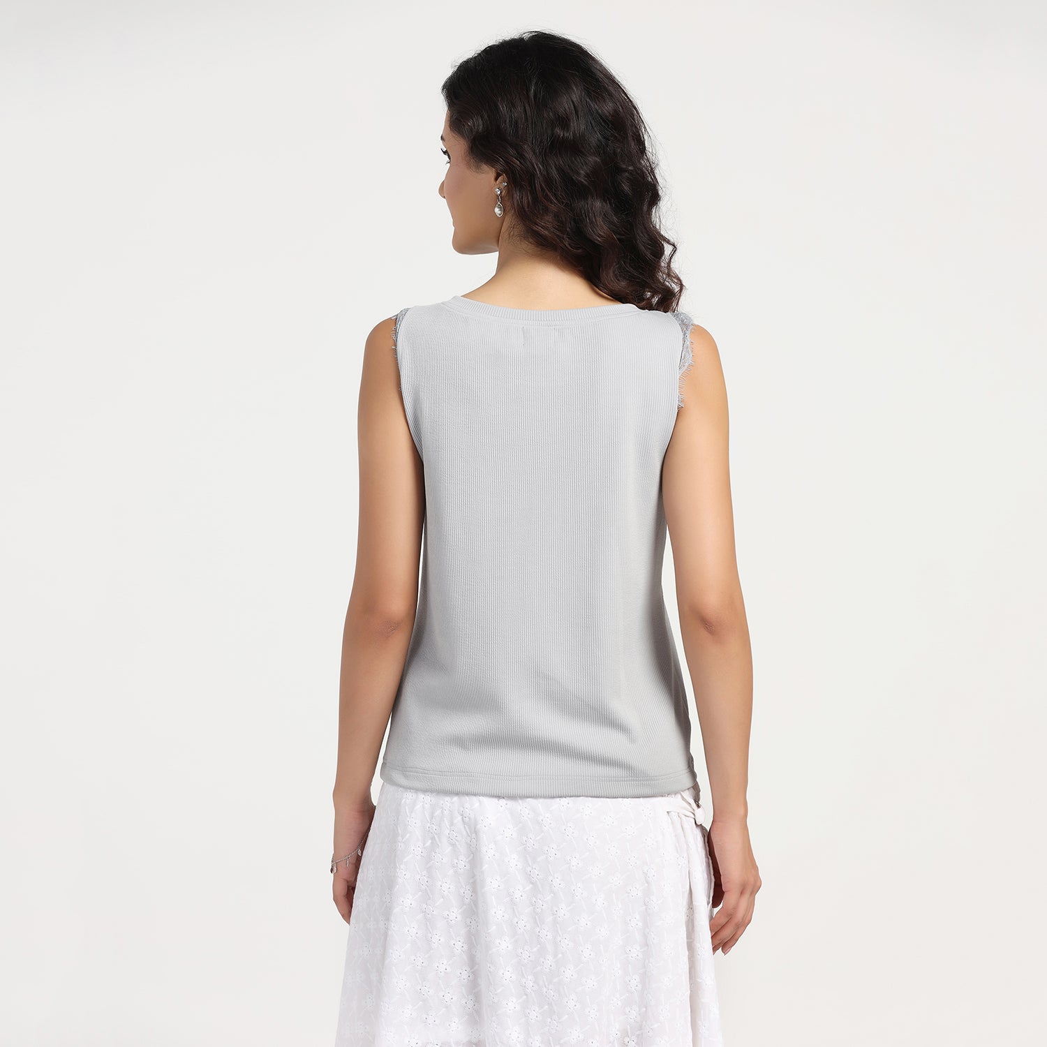 Grey Lela Foil Printed Ribbed Top, tops for women, crop top, crop tops for women, organza tops