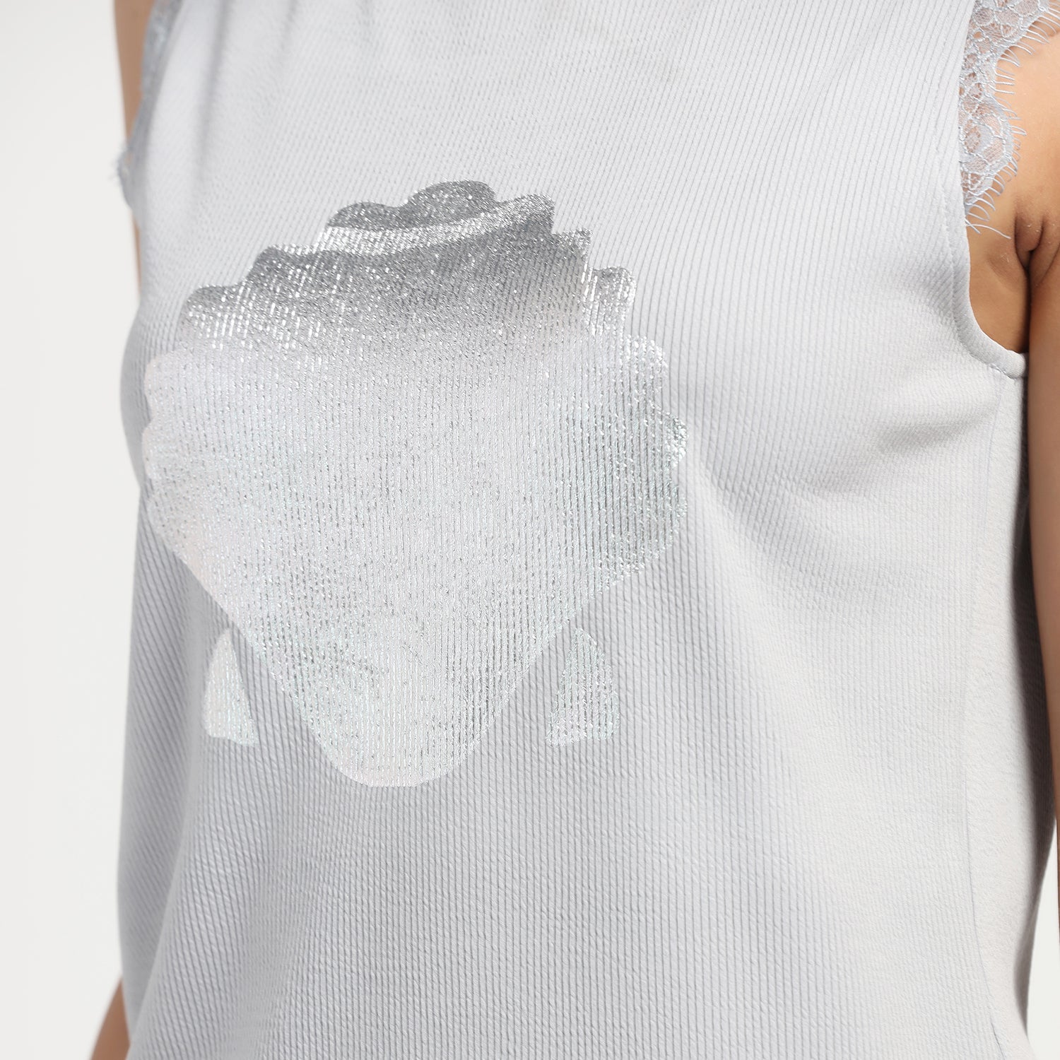 Grey Lela Foil Printed Ribbed Top, tops for women, crop top, crop tops for women, organza tops