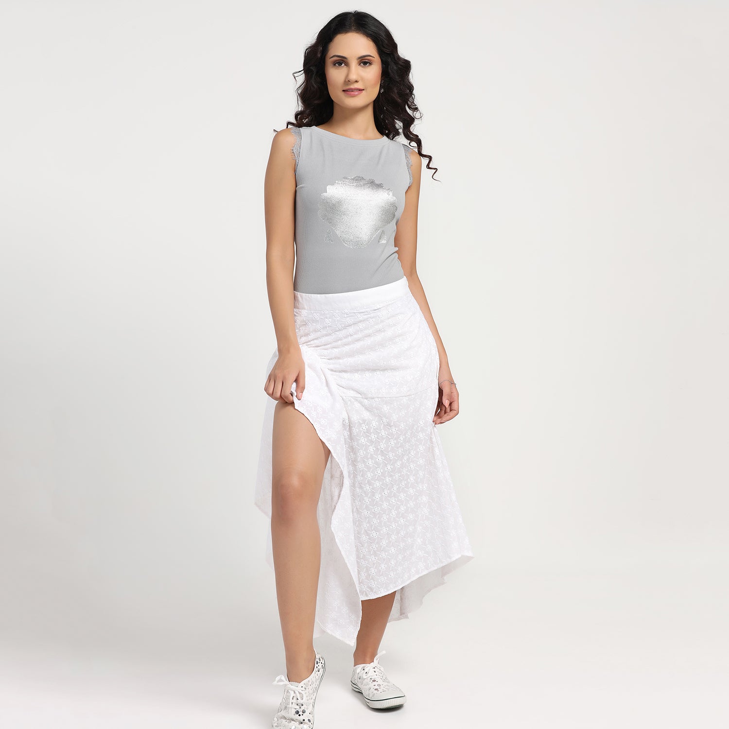 Grey Lela Foil Printed Ribbed Top, tops for women, crop top, crop tops for women, organza tops