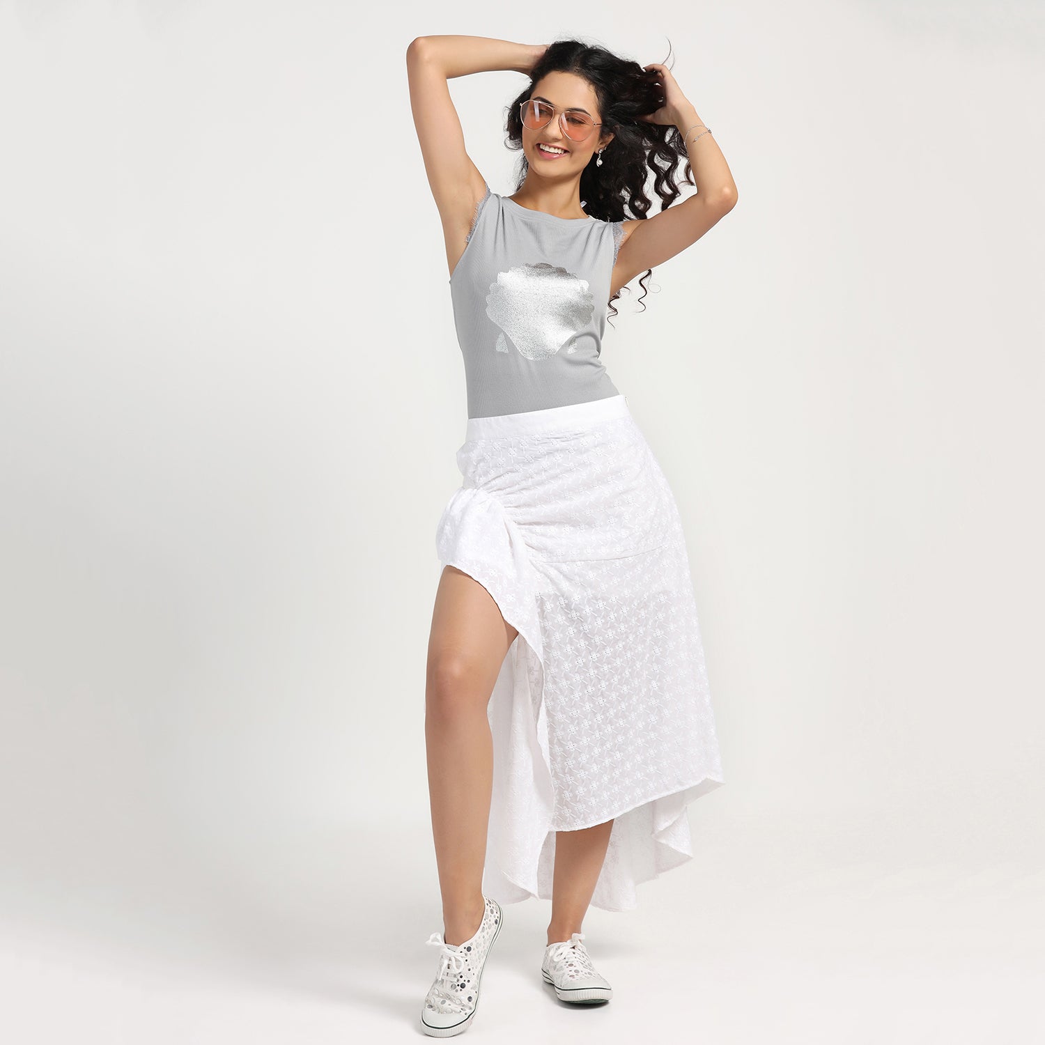Grey Lela Foil Printed Ribbed Top, tops for women, crop top, crop tops for women, organza tops