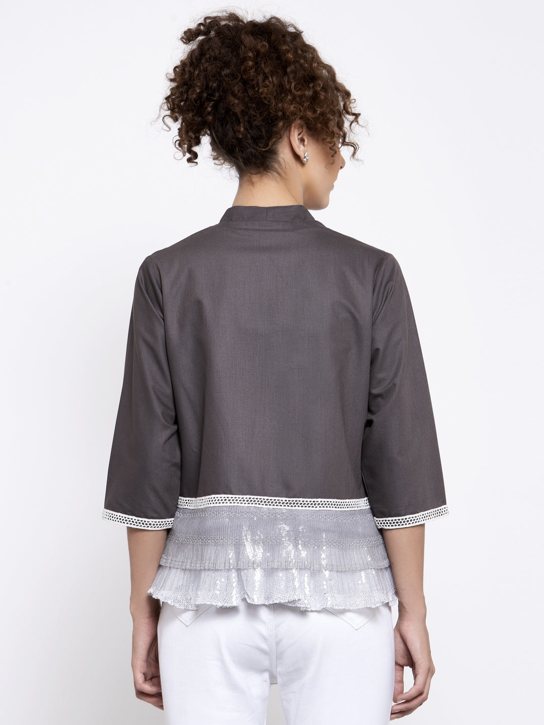 Grey Mix & Match Jacket With Sequins Frill At Shoulder, Organza jackets, Stylish Jackets, Summer Women’s Jackets, Long Women Jackets , Short jackets for women