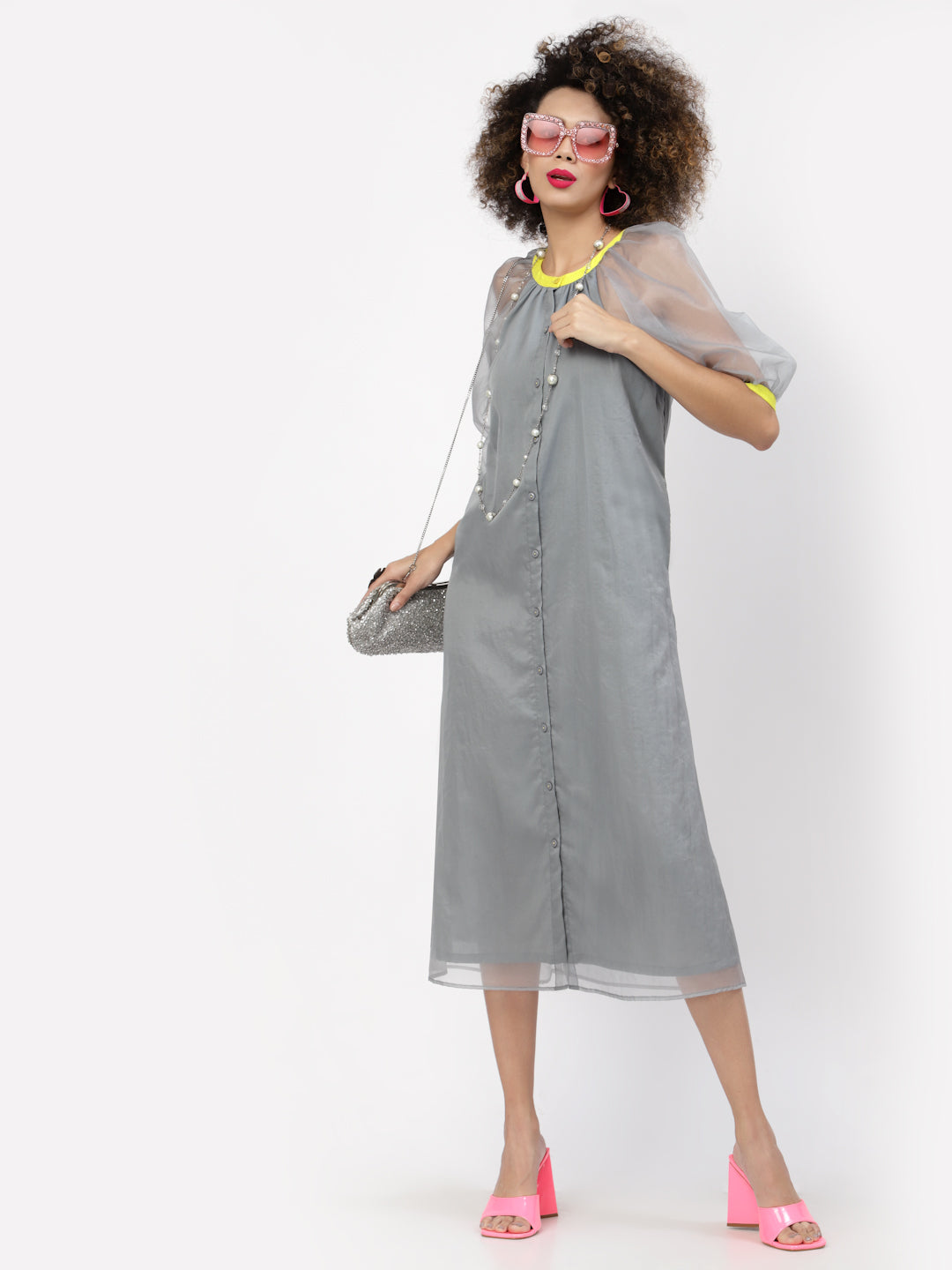 Grey Organza Dress With Puff Sleeves & Yellow Piping, Mesh Dress , Party dress , Holographic print dress , sequins dress 