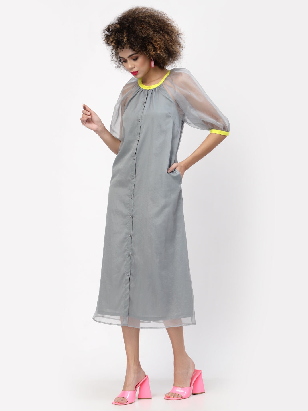 Grey Organza Dress With Puff Sleeves & Yellow Piping, Mesh Dress , Party dress , Holographic print dress , sequins dress 