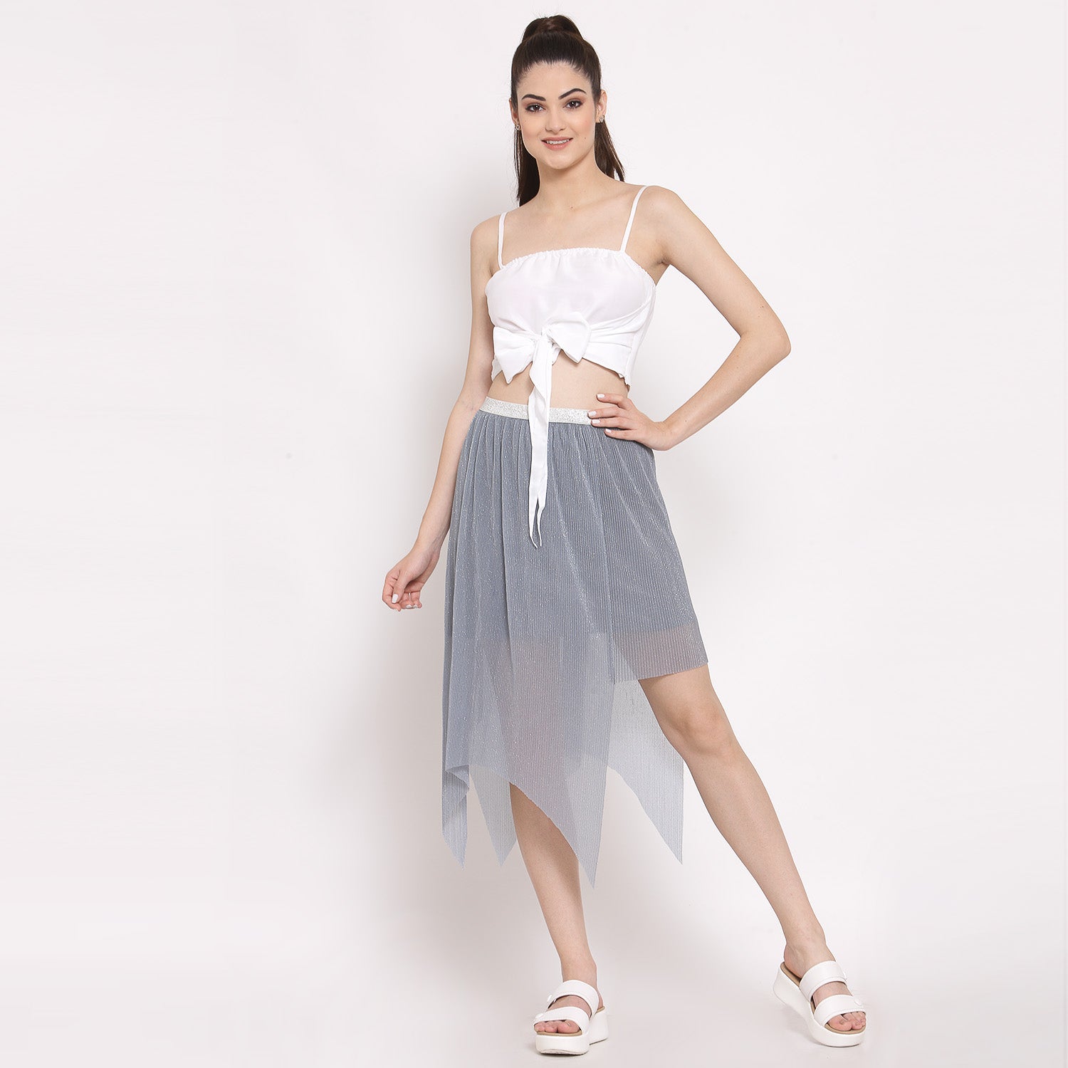 Grey Plisse Asymmetric Skirt for Women-5