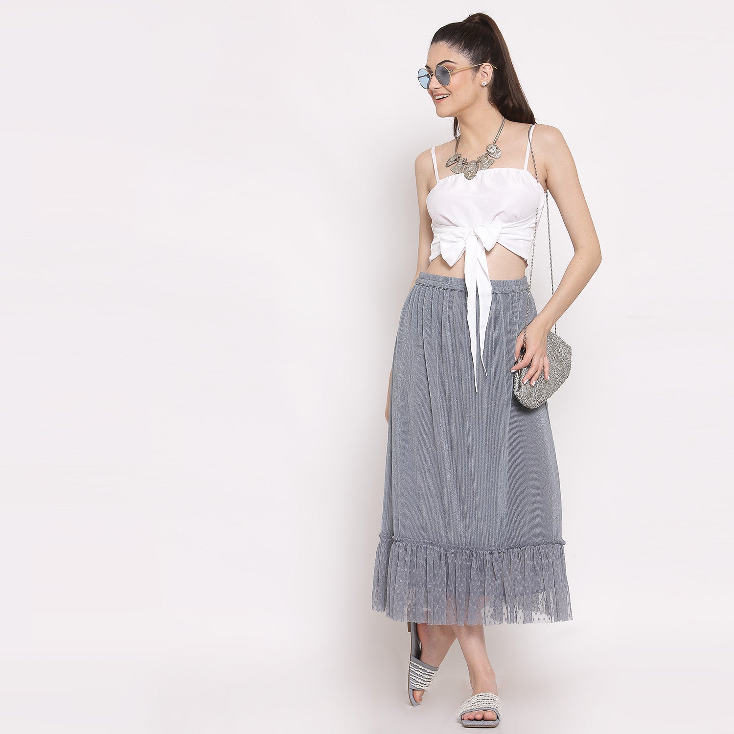 Grey Plisse Long Skirt With Frill, skirts for women, long skirts for women, crop top and skirt, women in short skirts