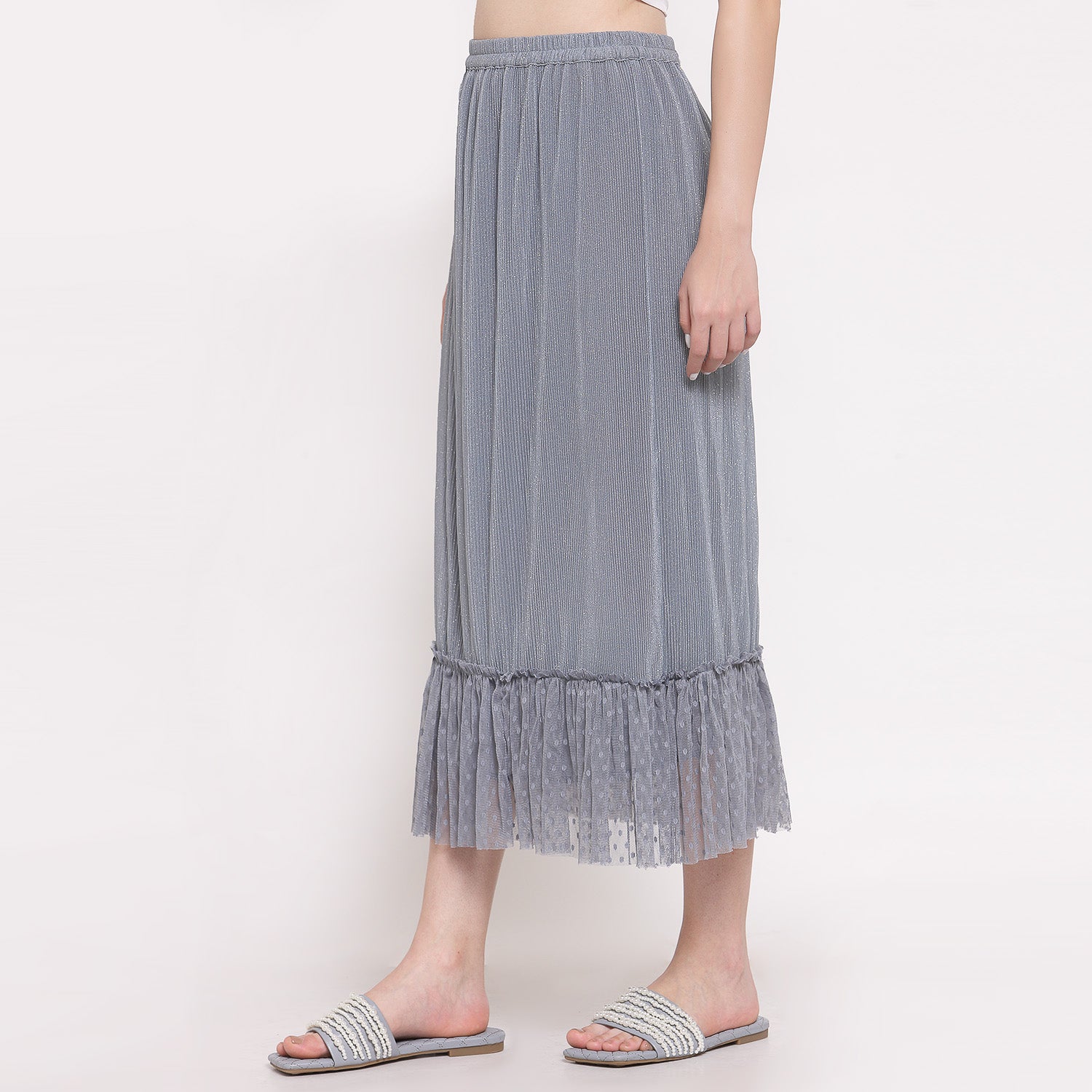 Grey Plisse Long Skirt With Frill, skirts for women, long skirts for women, crop top and skirt, women in short skirts