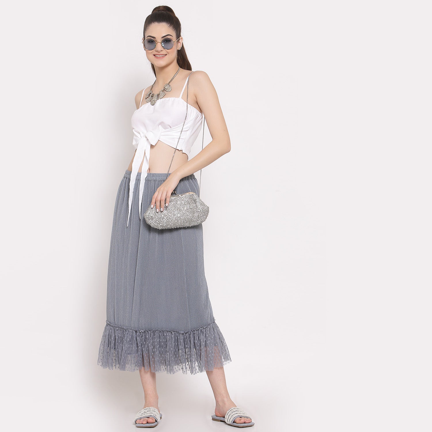Grey Plisse Long Skirt With Frill, skirts for women, long skirts for women, crop top and skirt, women in short skirts