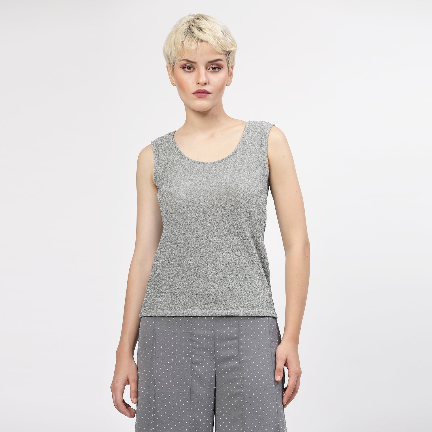 Grey Shimmer Without Sleeves Lycra Top, tops for women, crop top, crop tops for women, organza tops