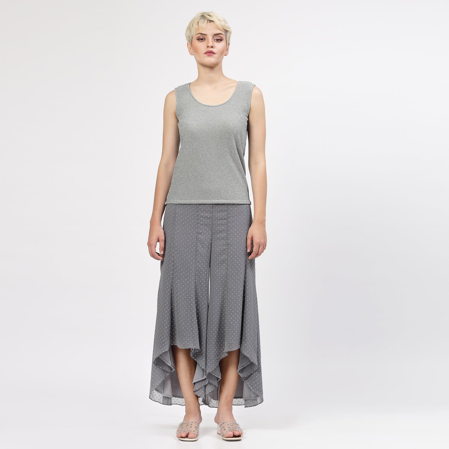 Grey Shimmer Without Sleeves Lycra Top, tops for women, crop top, crop tops for women, organza tops