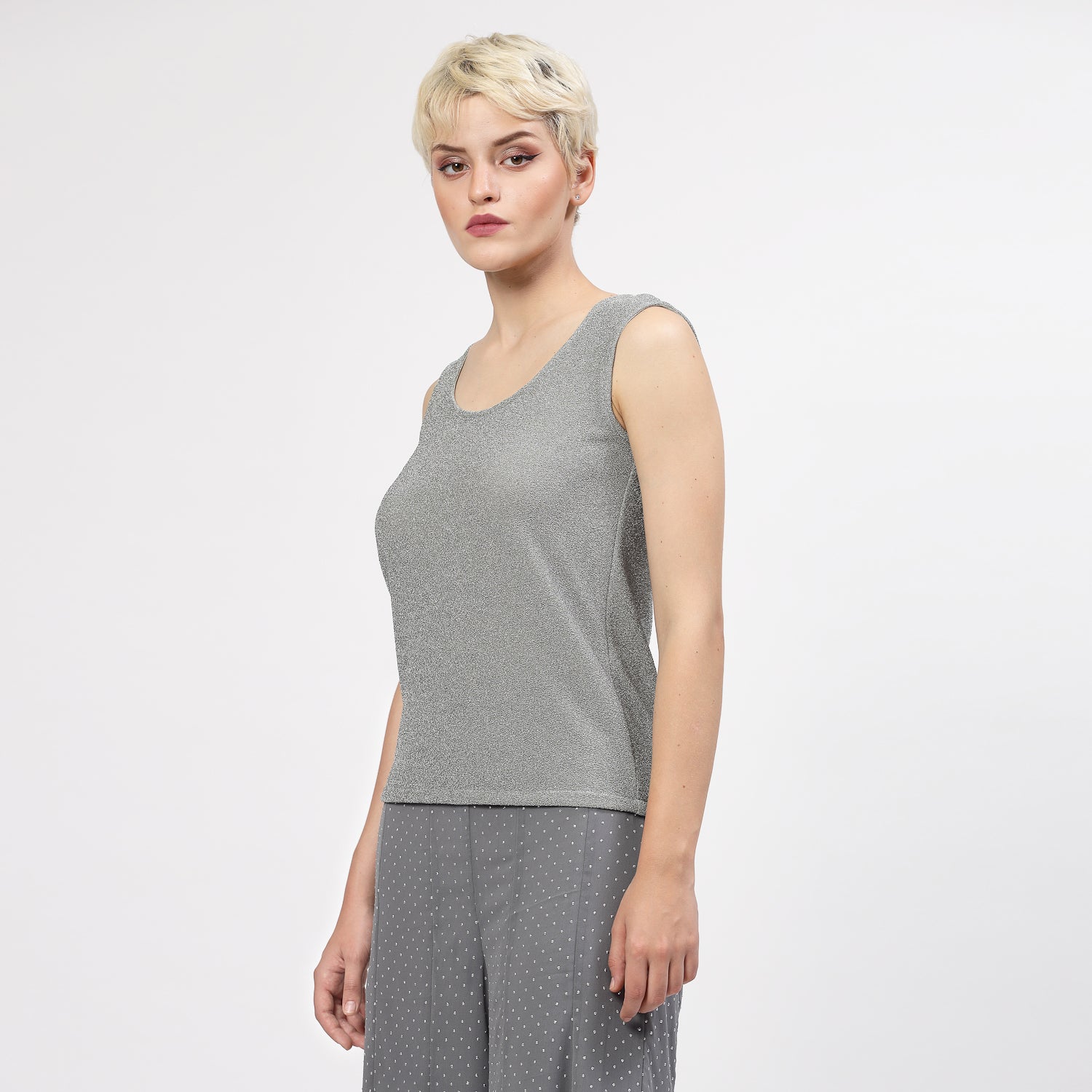 Grey Shimmer Without Sleeves Lycra Top, tops for women, crop top, crop tops for women, organza tops