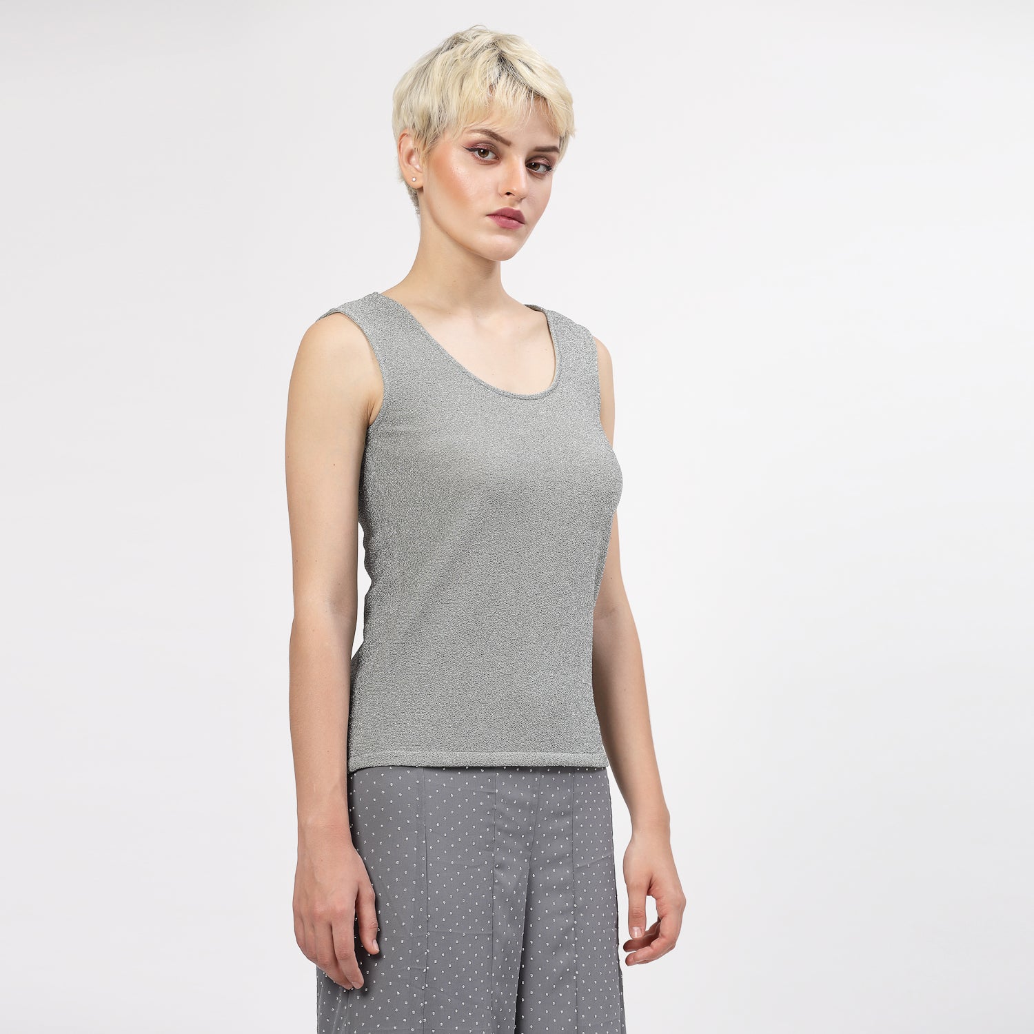 Grey Shimmer Without Sleeves Lycra Top, tops for women, crop top, crop tops for women, organza tops