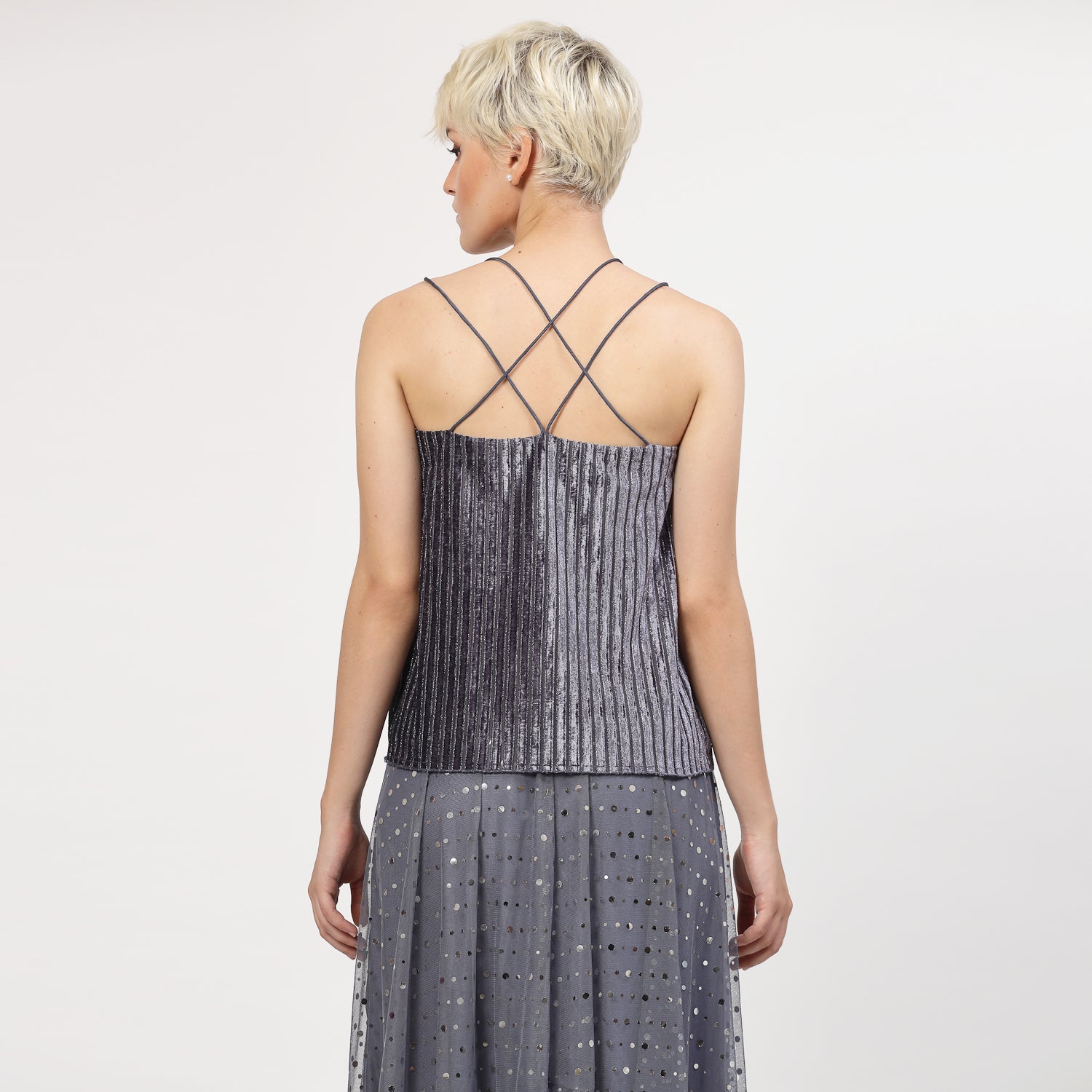 Grey Velvet Spaghetti Top With Strings And Pearl Beads, tops for women, crop top, crop tops for women, organza tops