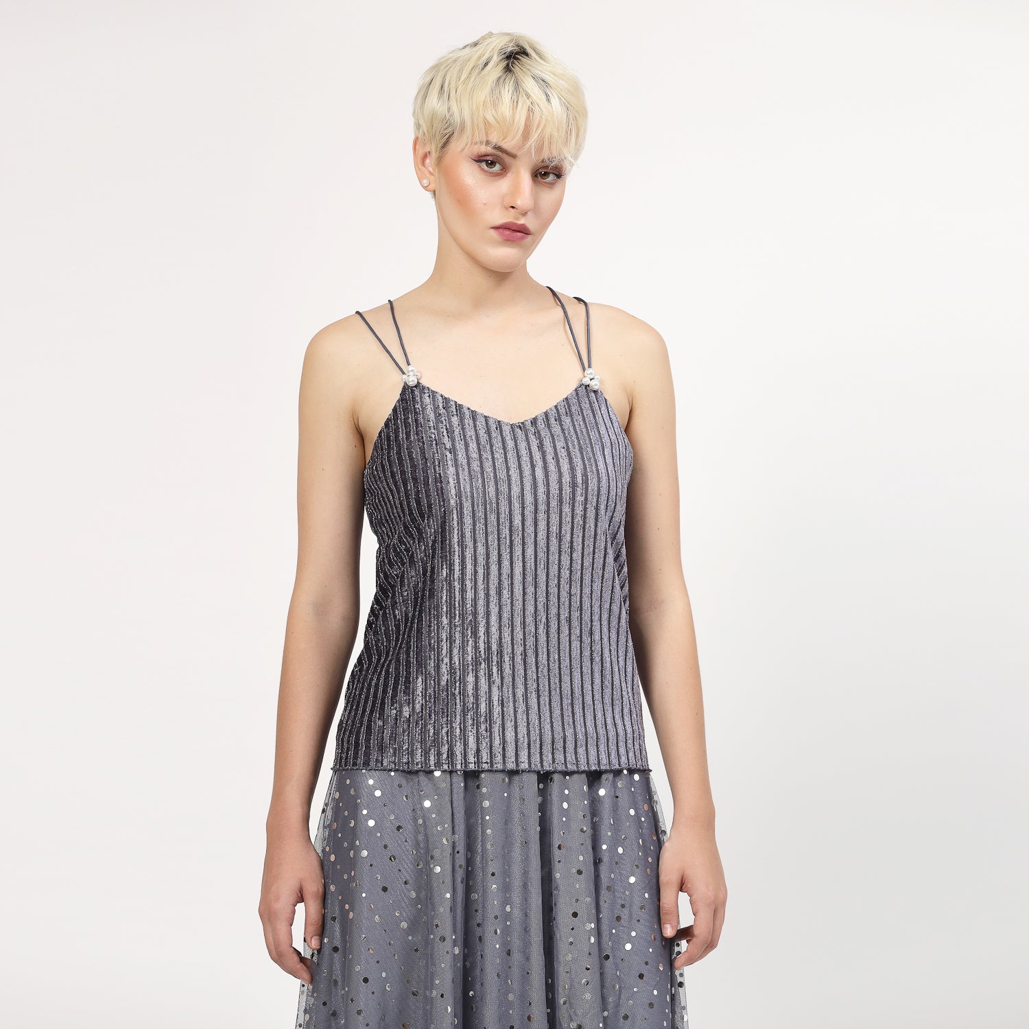 Grey Velvet Spaghetti Top With Strings And Pearl Beads, tops for women, crop top, crop tops for women, organza tops