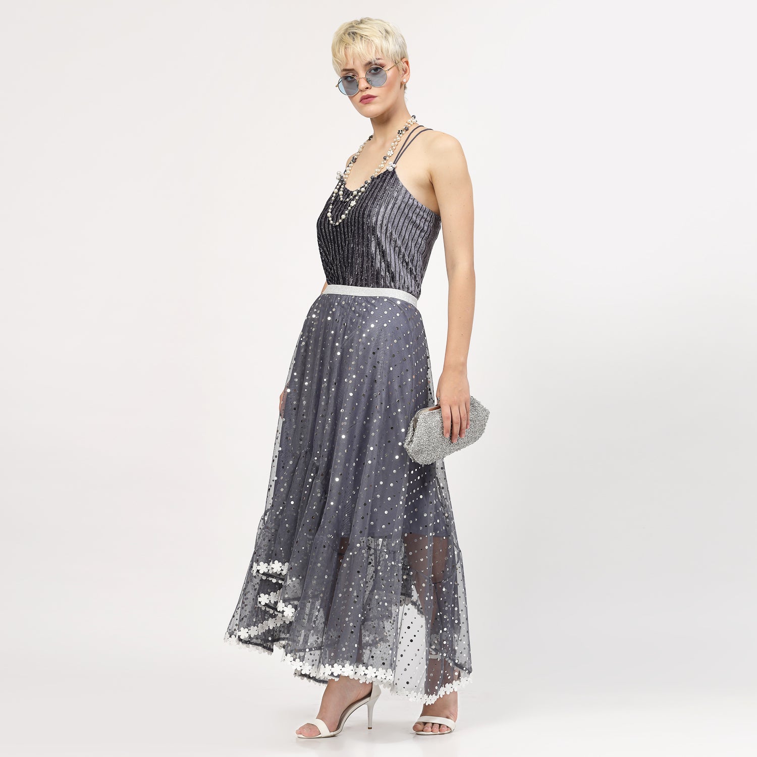 Grey Velvet Spaghetti Top With Strings And Pearl Beads, tops for women, crop top, crop tops for women, organza tops