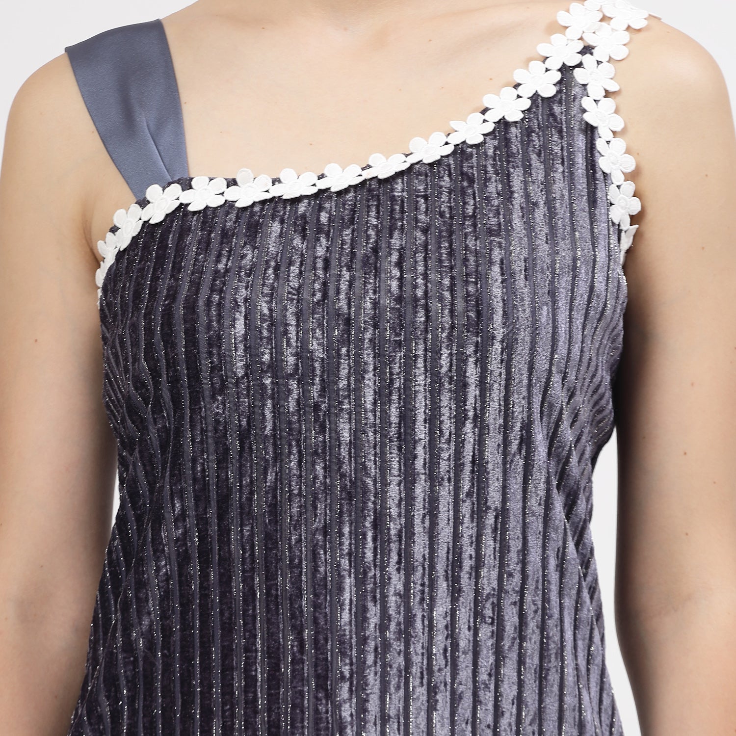 Grey Velvet Top With Flower Lace And Satin, tops for women, crop top, crop tops for women, organza tops