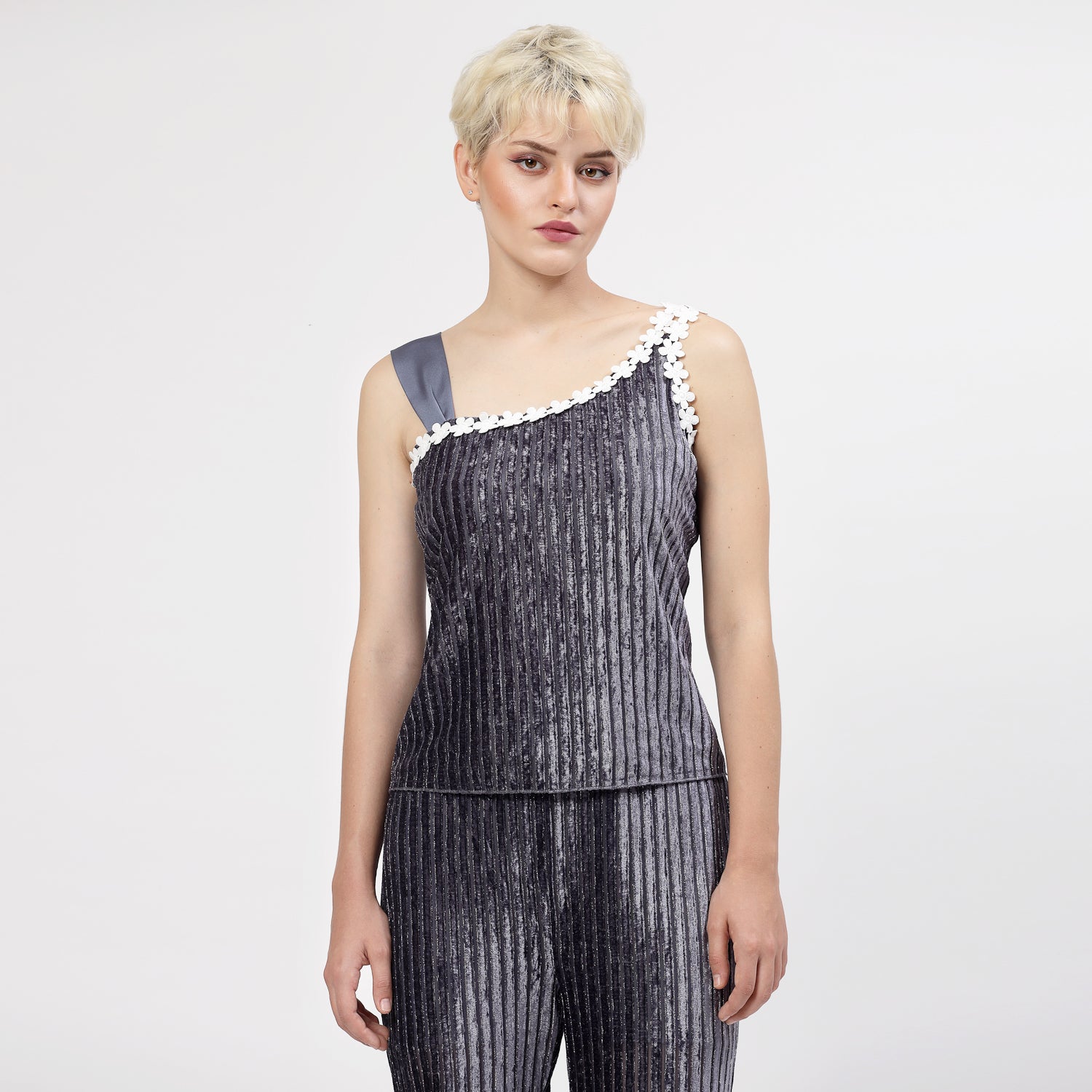 Grey Velvet Top With Flower Lace And Satin